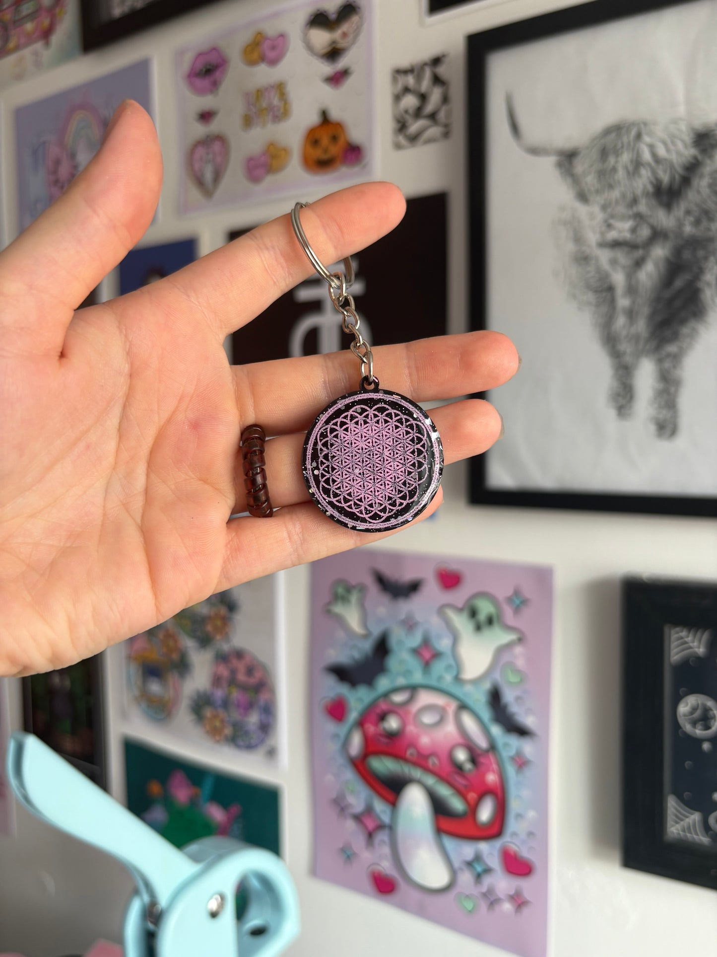 Black & Pink Flower of Life Keyring