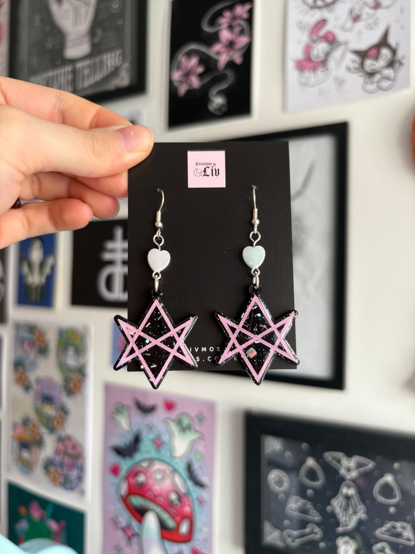 Black & Pink Hexagram Earrings