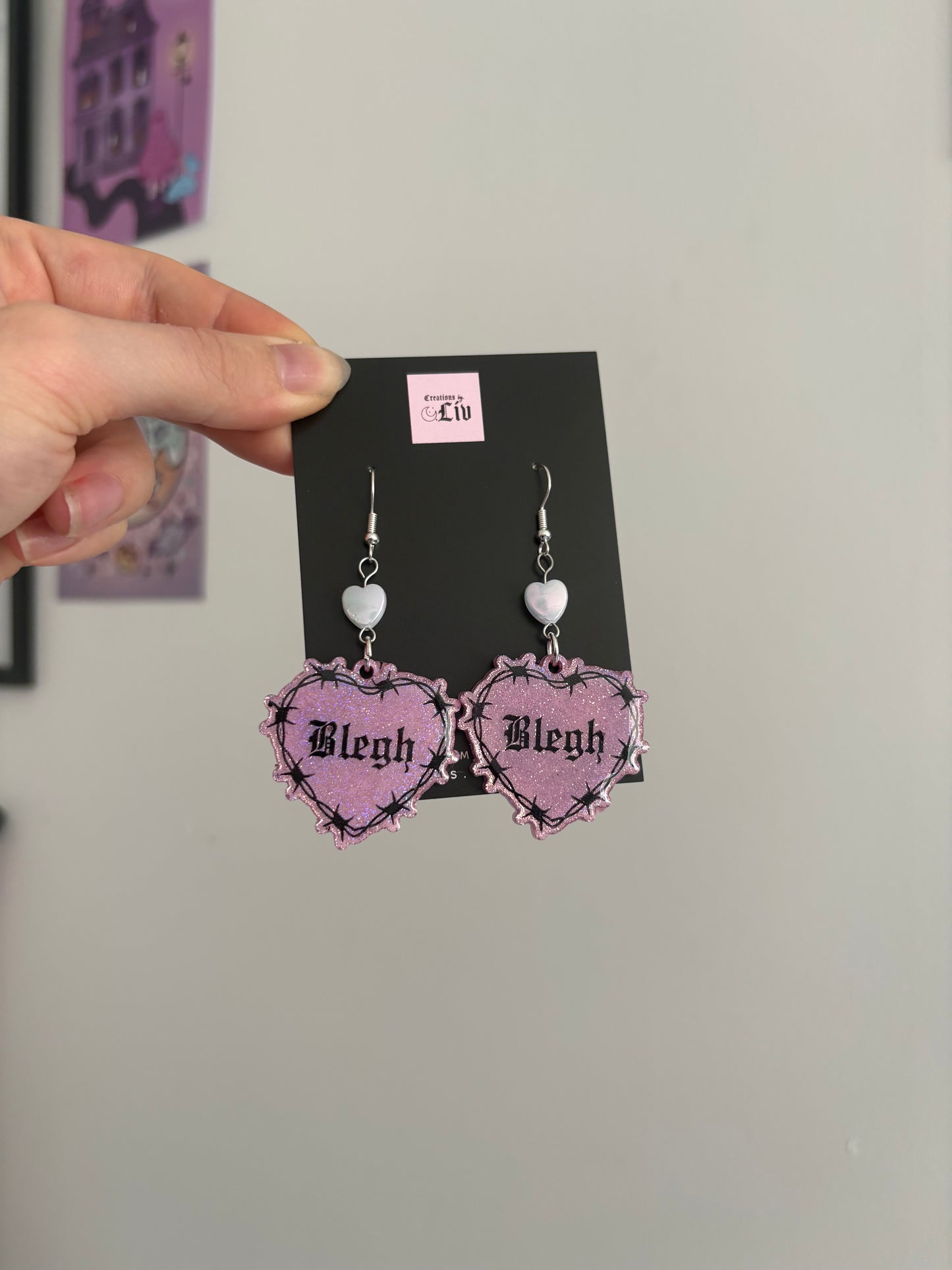 Pink Holographic Blegh Barbed Heart Earrings