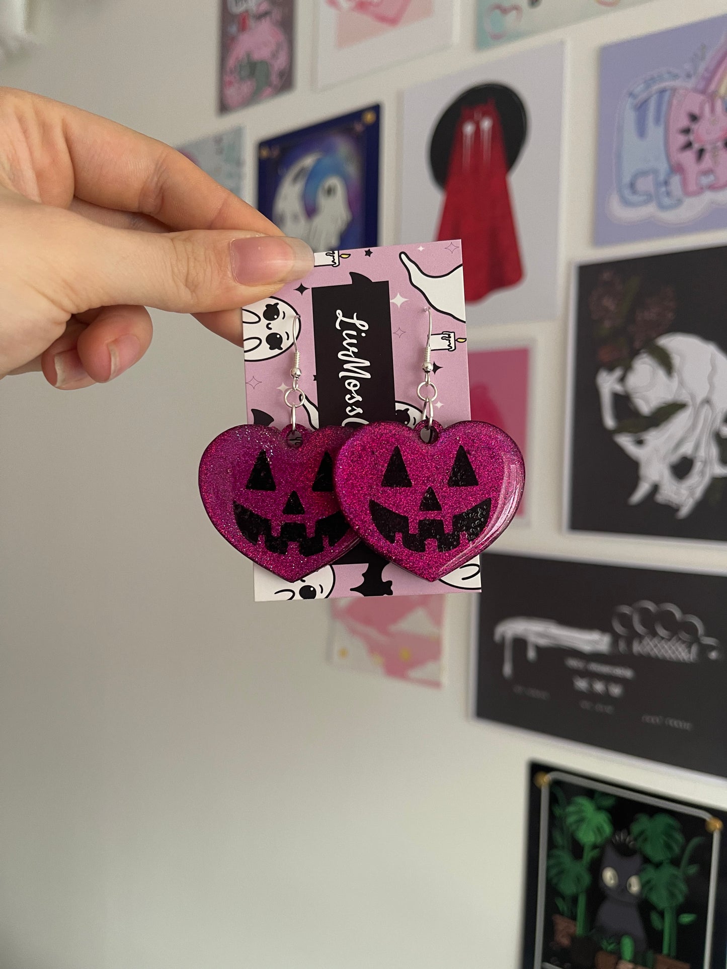 Hot Pink Glitter Pumpkin Hearts Earrings