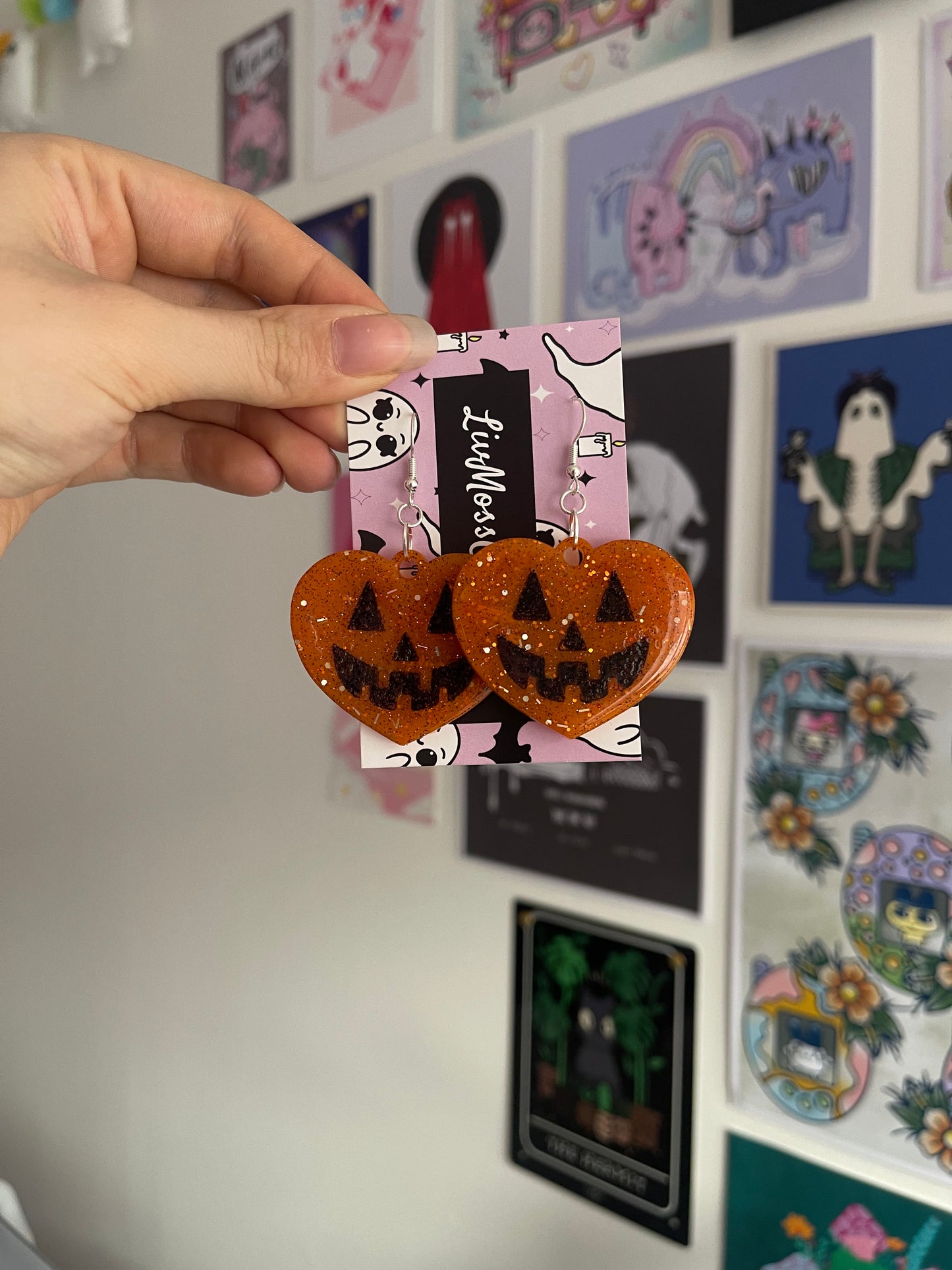 Orange Glitter Pumpkin Hearts Earrings