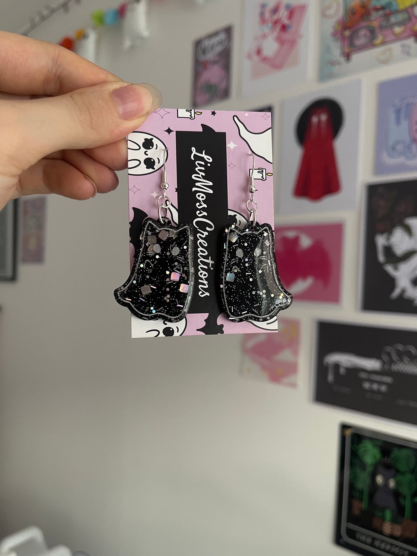 Black Glitter Arms Up Cat Ghost Earrings
