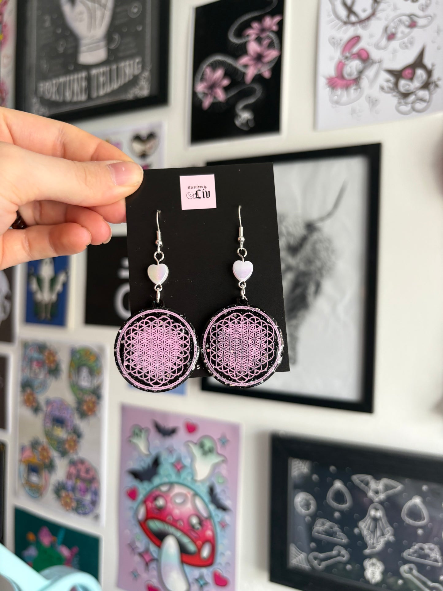 Black & Pink Flower of Life Earrings