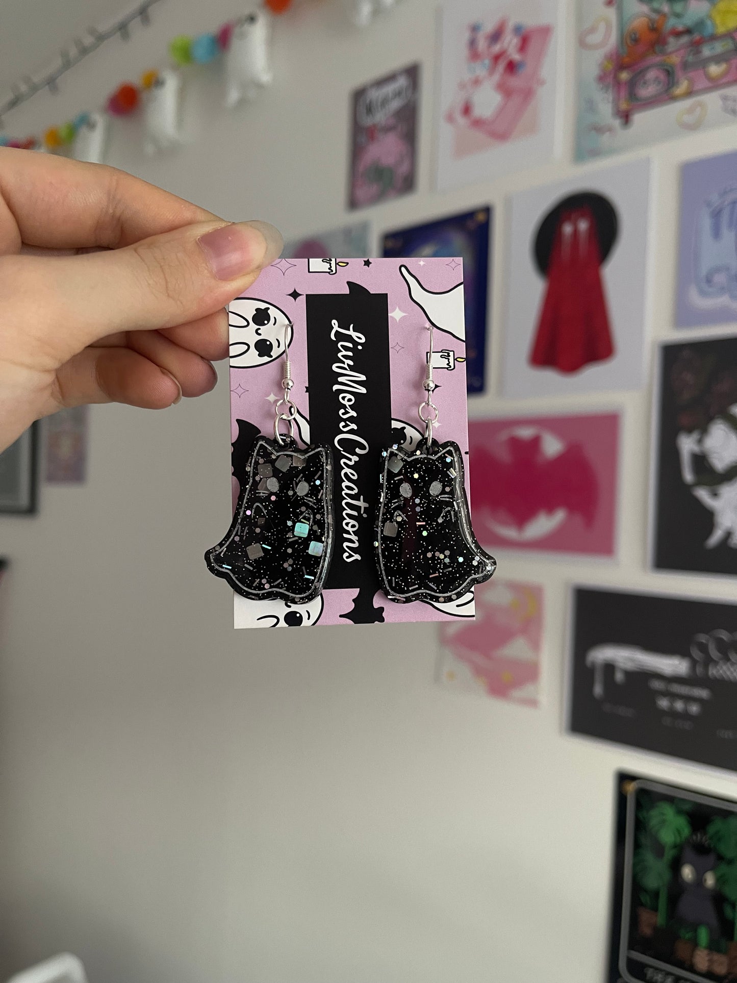 Black Glitter Arms Up Cat Ghost Earrings
