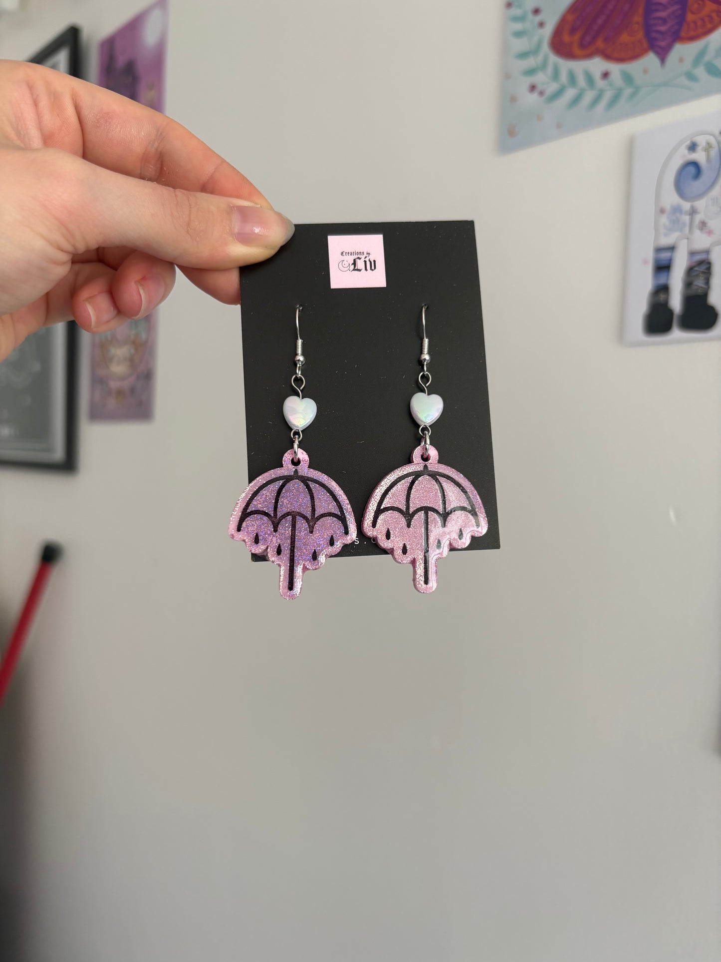 Pink Holographic Rainy Umbrella Earrings