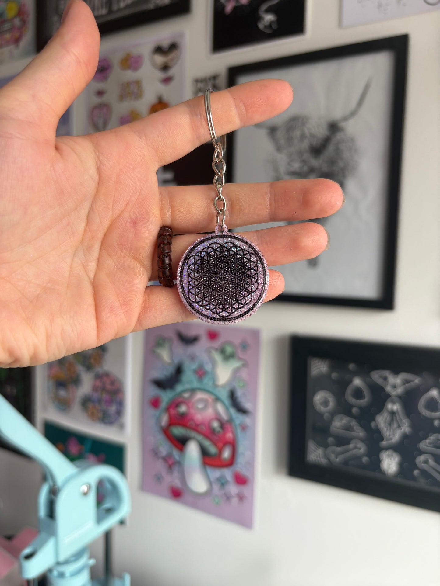 Pink Holographic Flower of Life Keyring
