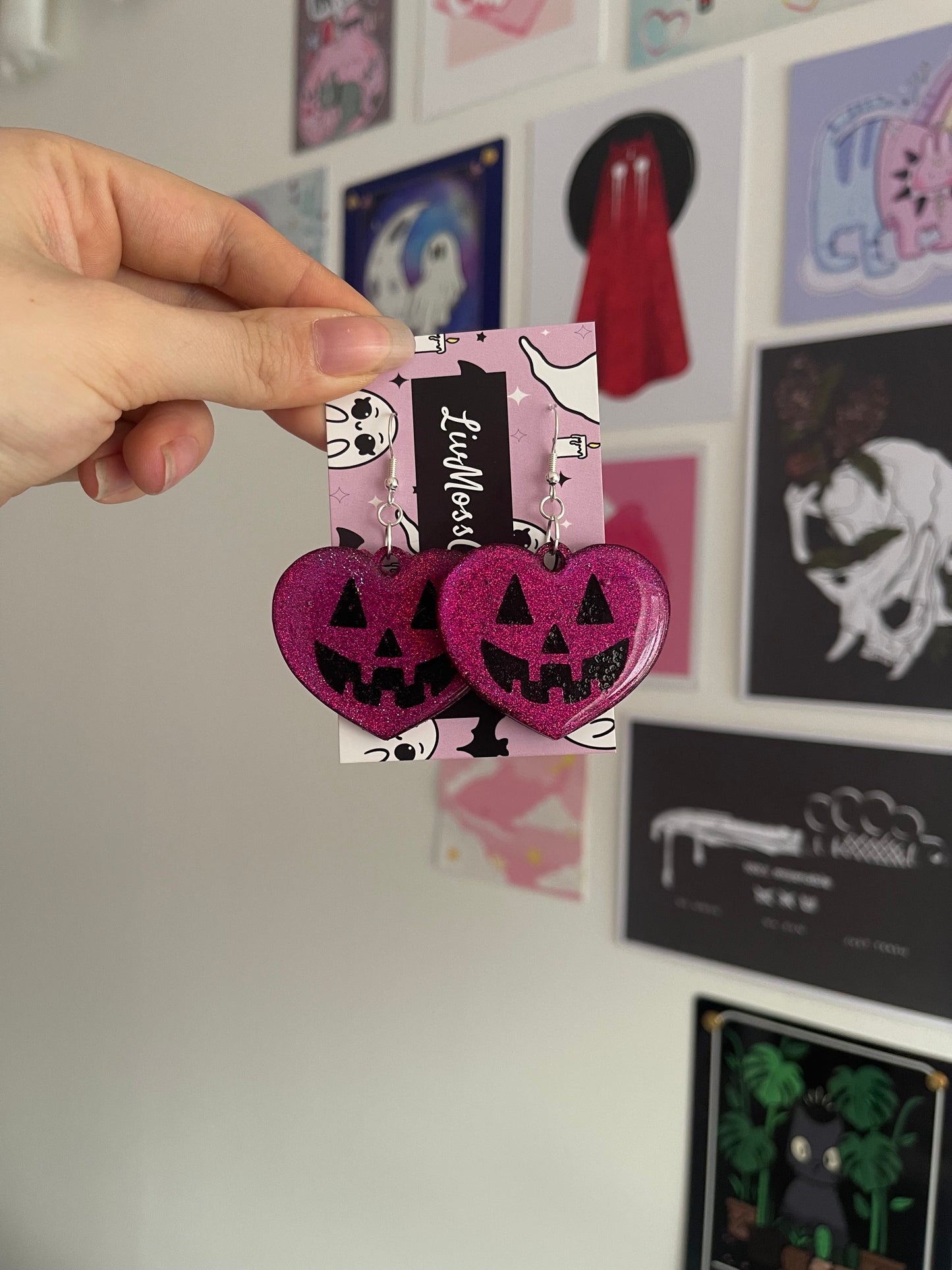 Hot Pink Glitter Pumpkin Hearts Earrings