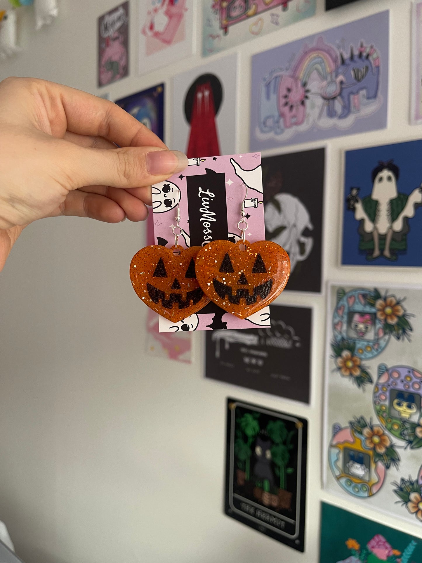Orange Glitter Pumpkin Hearts Earrings