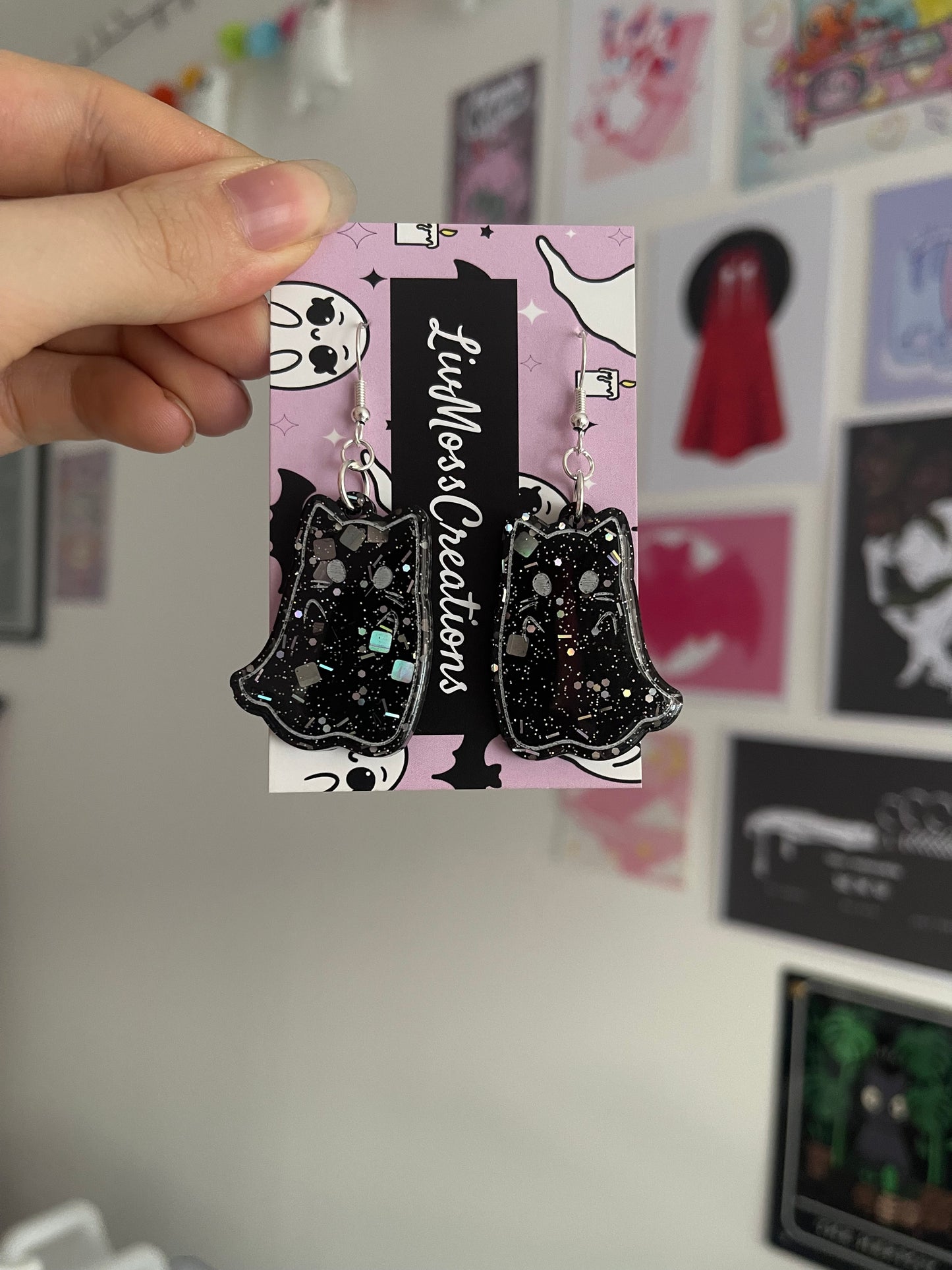 Black Glitter Arms Up Cat Ghost Earrings