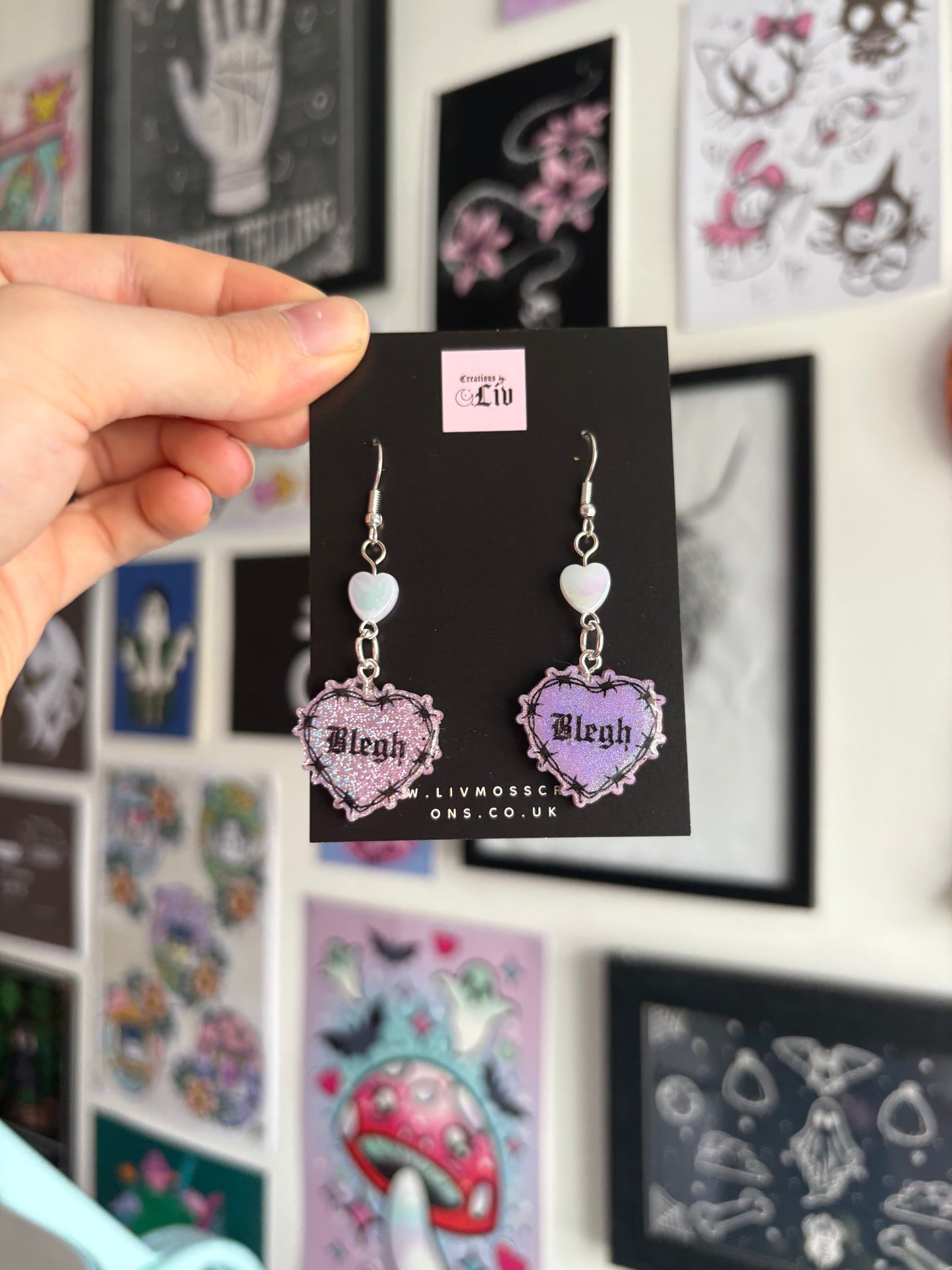 Pink Holographic Small Blegh Barbed Heart Earrings