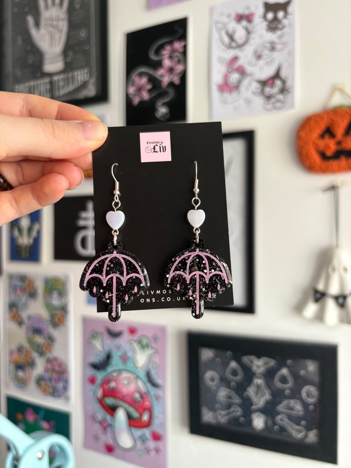 Black & Pink Rainy Umbrella Earrings