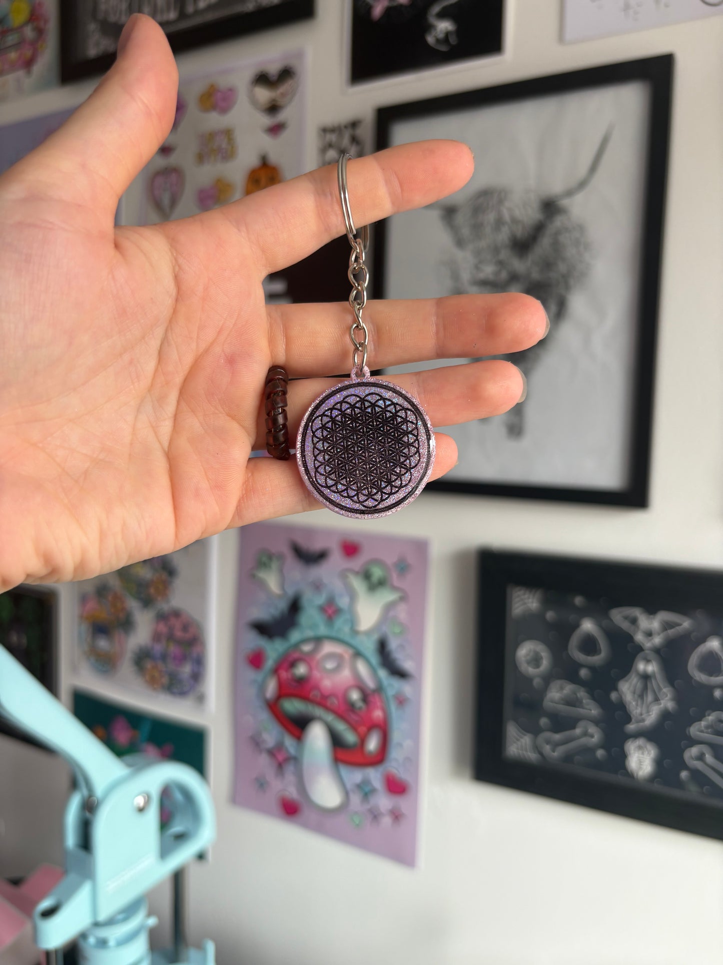 Pink Holographic Flower of Life Keyring