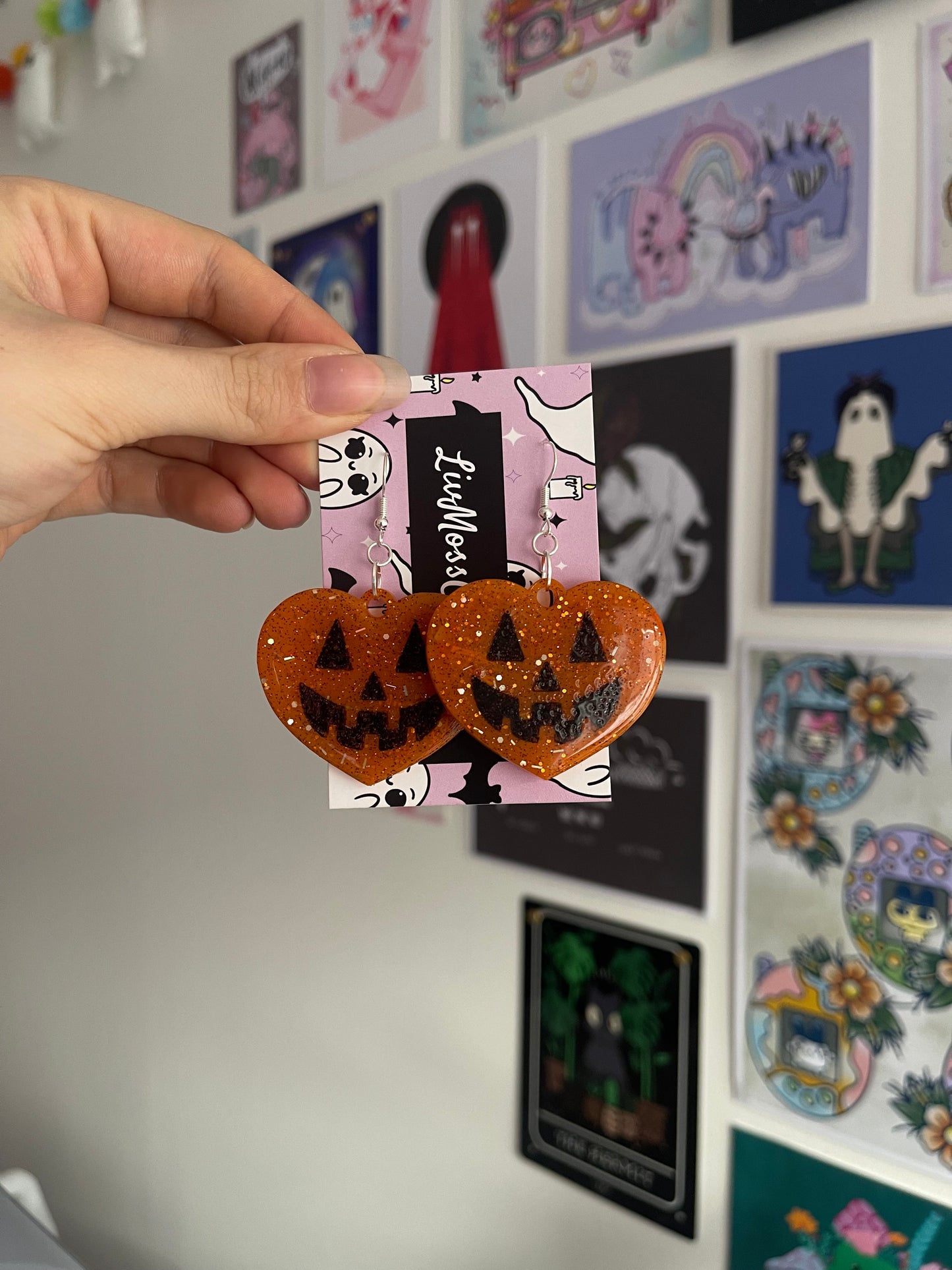 Orange Glitter Pumpkin Hearts Earrings