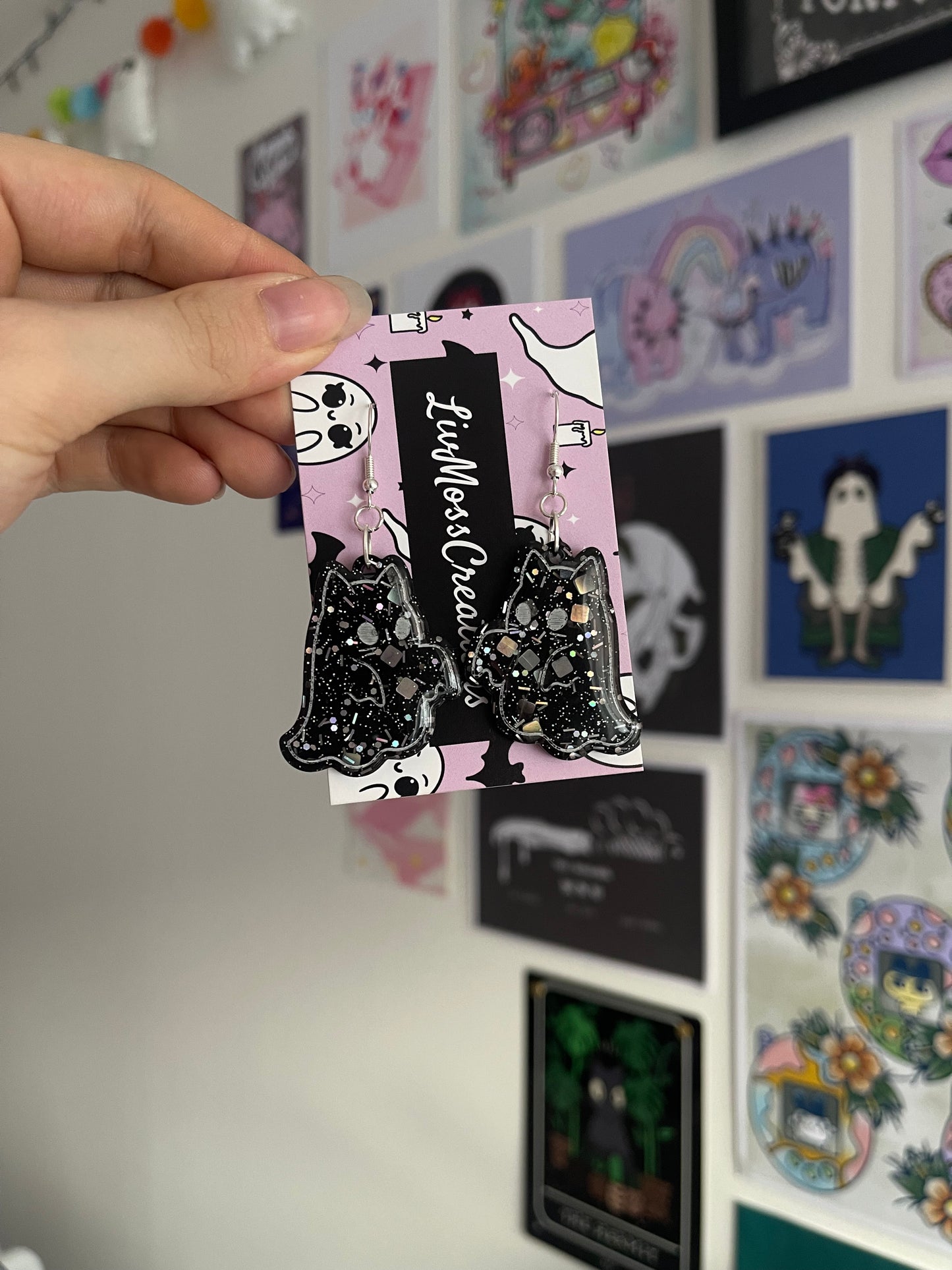 Black Glitter Arms Out Cat Ghost Earrings