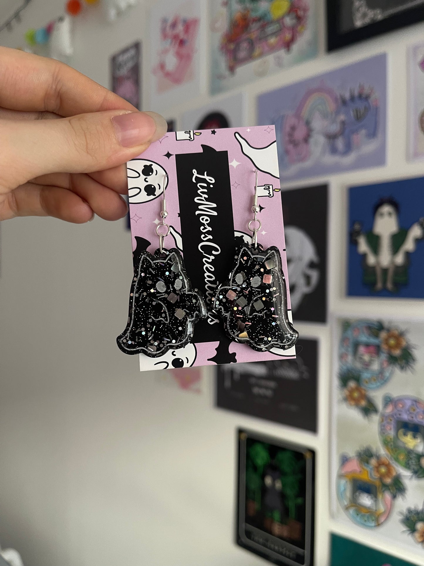 Black Glitter Arms Out Cat Ghost Earrings