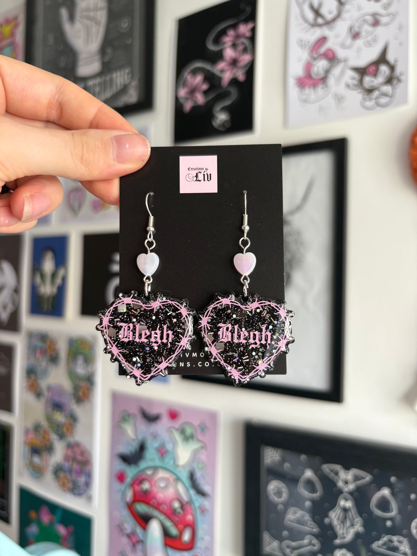 Black & Pink Blegh Barbed Heart Earrings