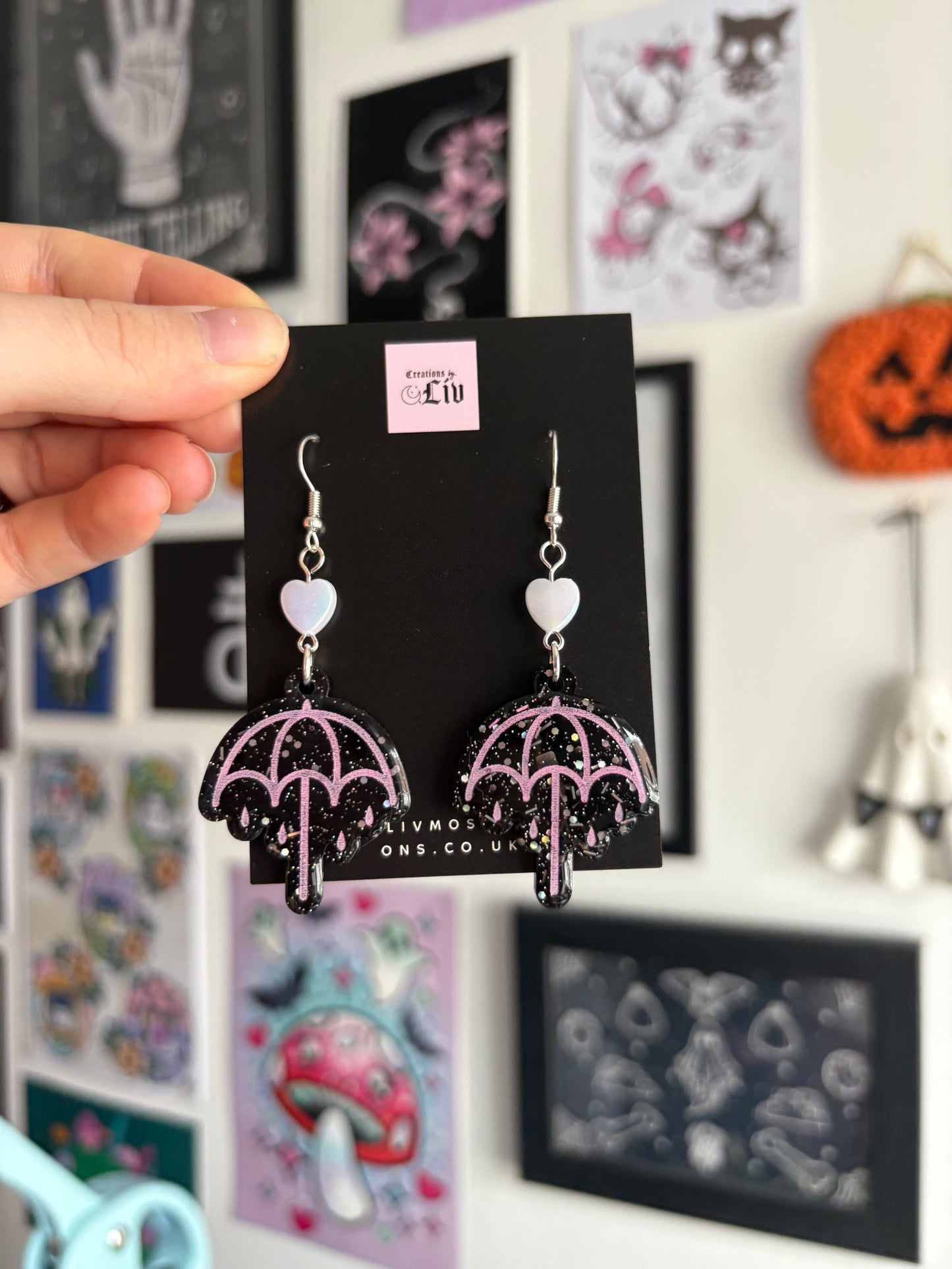 Black & Pink Rainy Umbrella Earrings