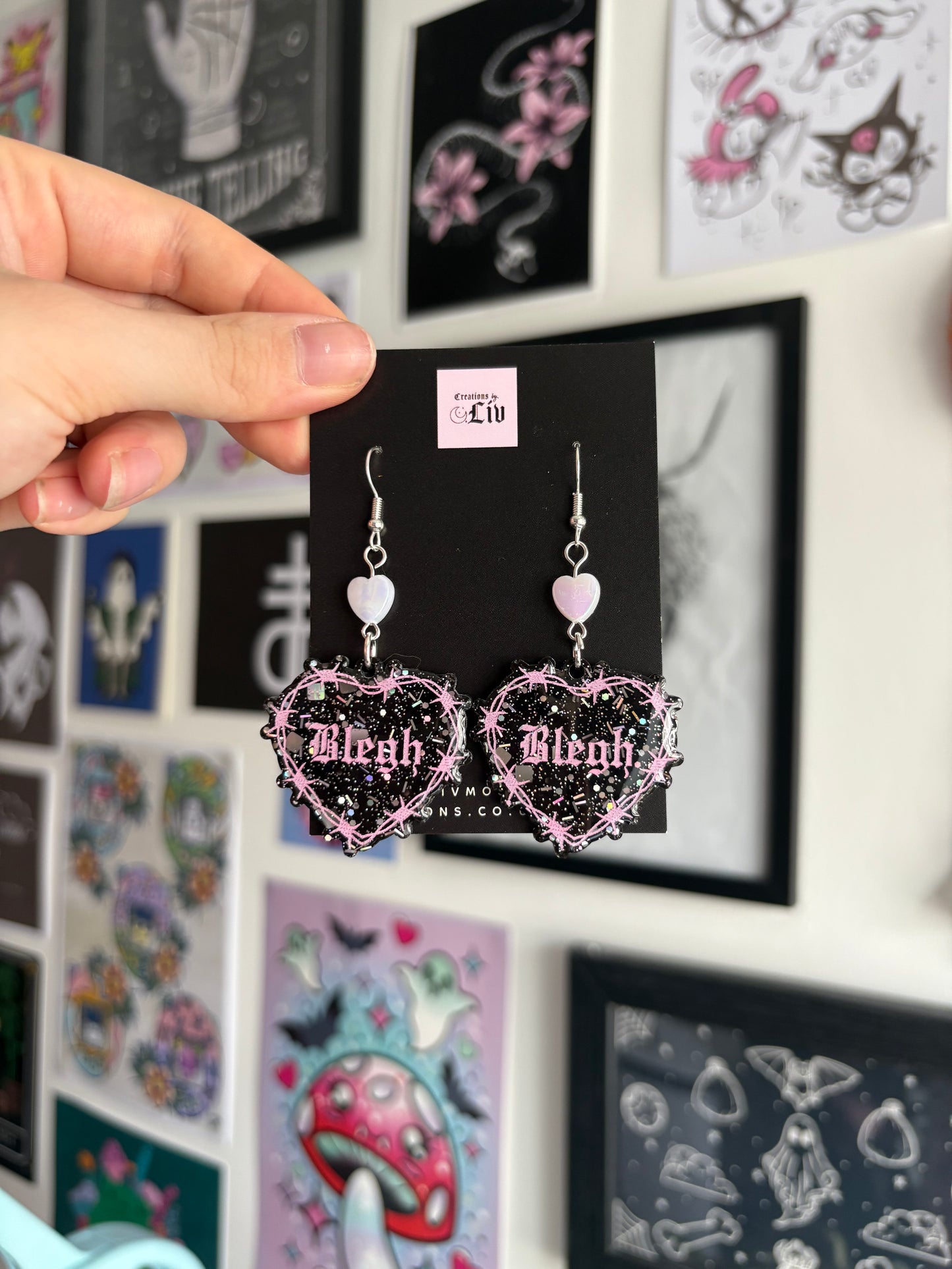 Black & Pink Blegh Barbed Heart Earrings