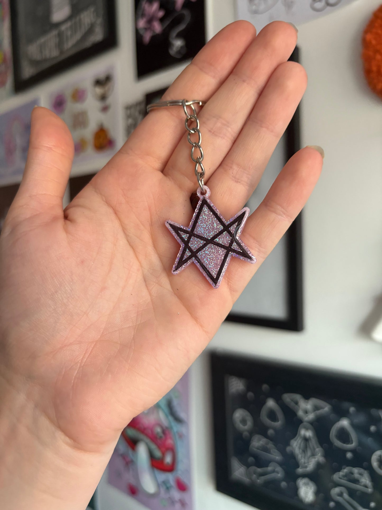 Pink Holographic Hexagram Keyring