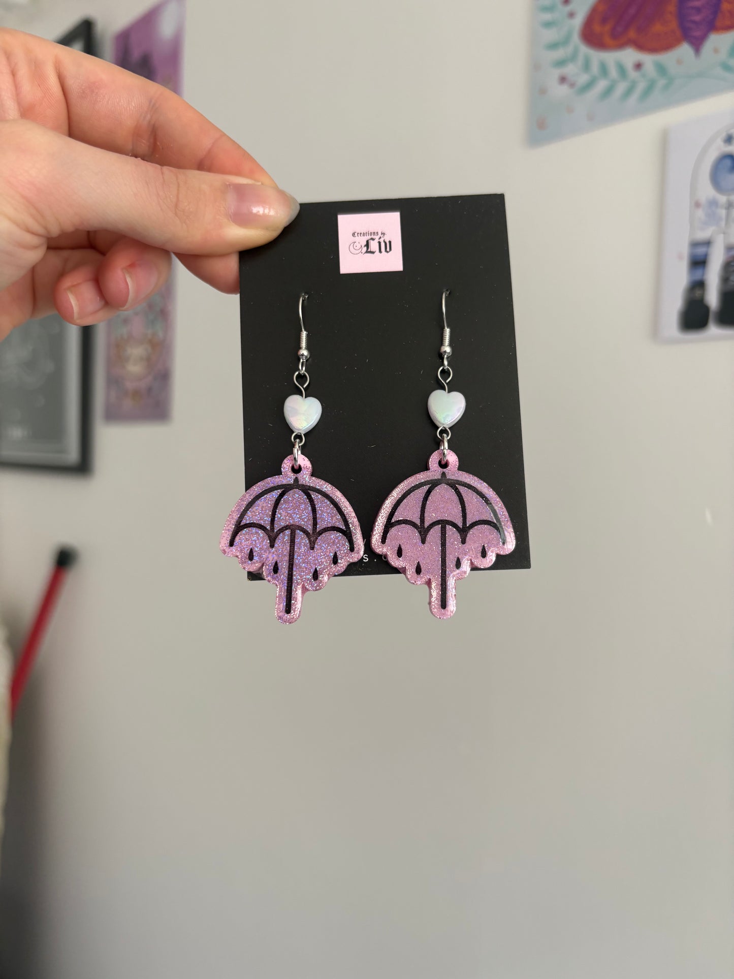 Pink Holographic Rainy Umbrella Earrings