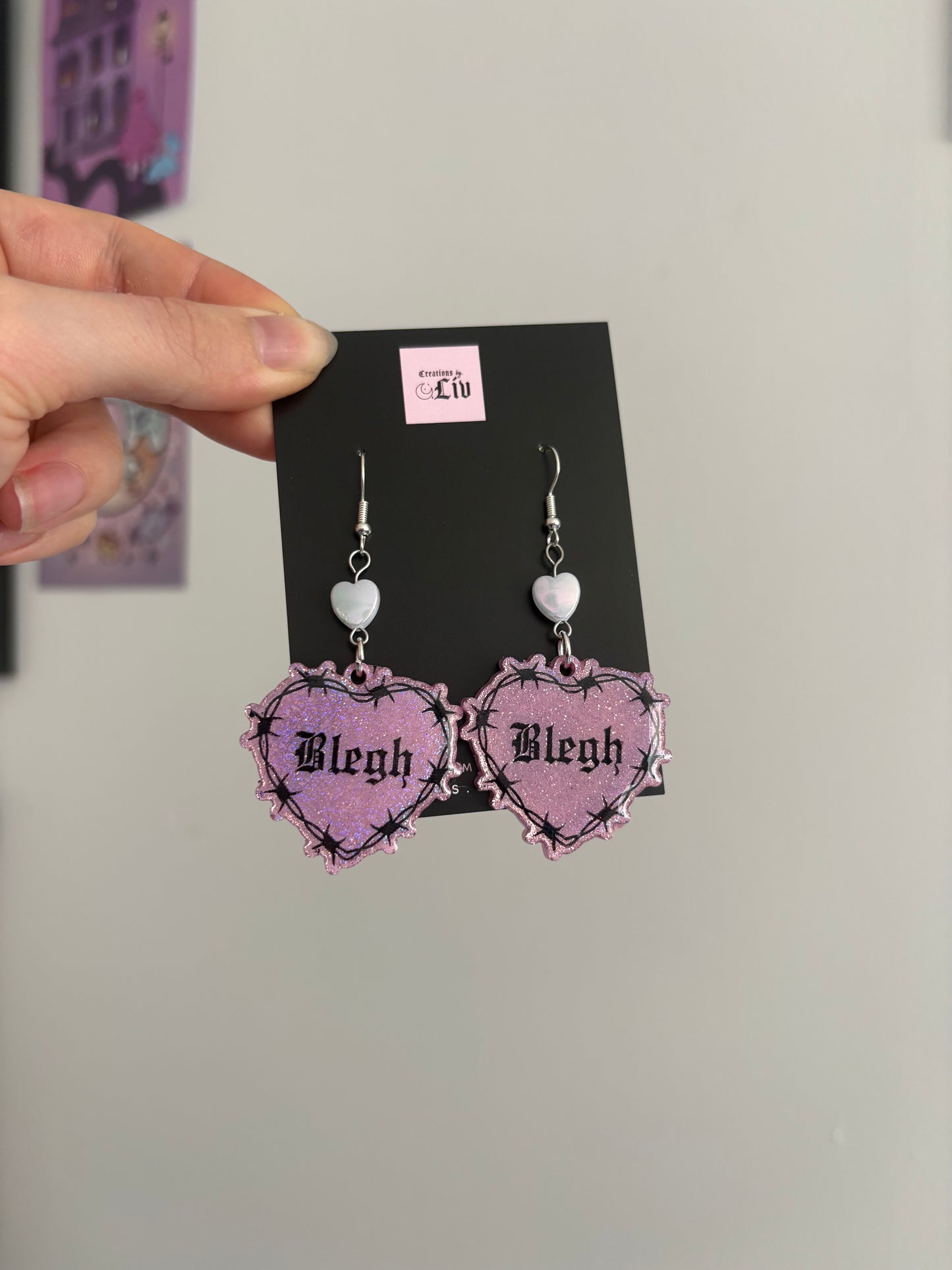 Pink Holographic Blegh Barbed Heart Earrings