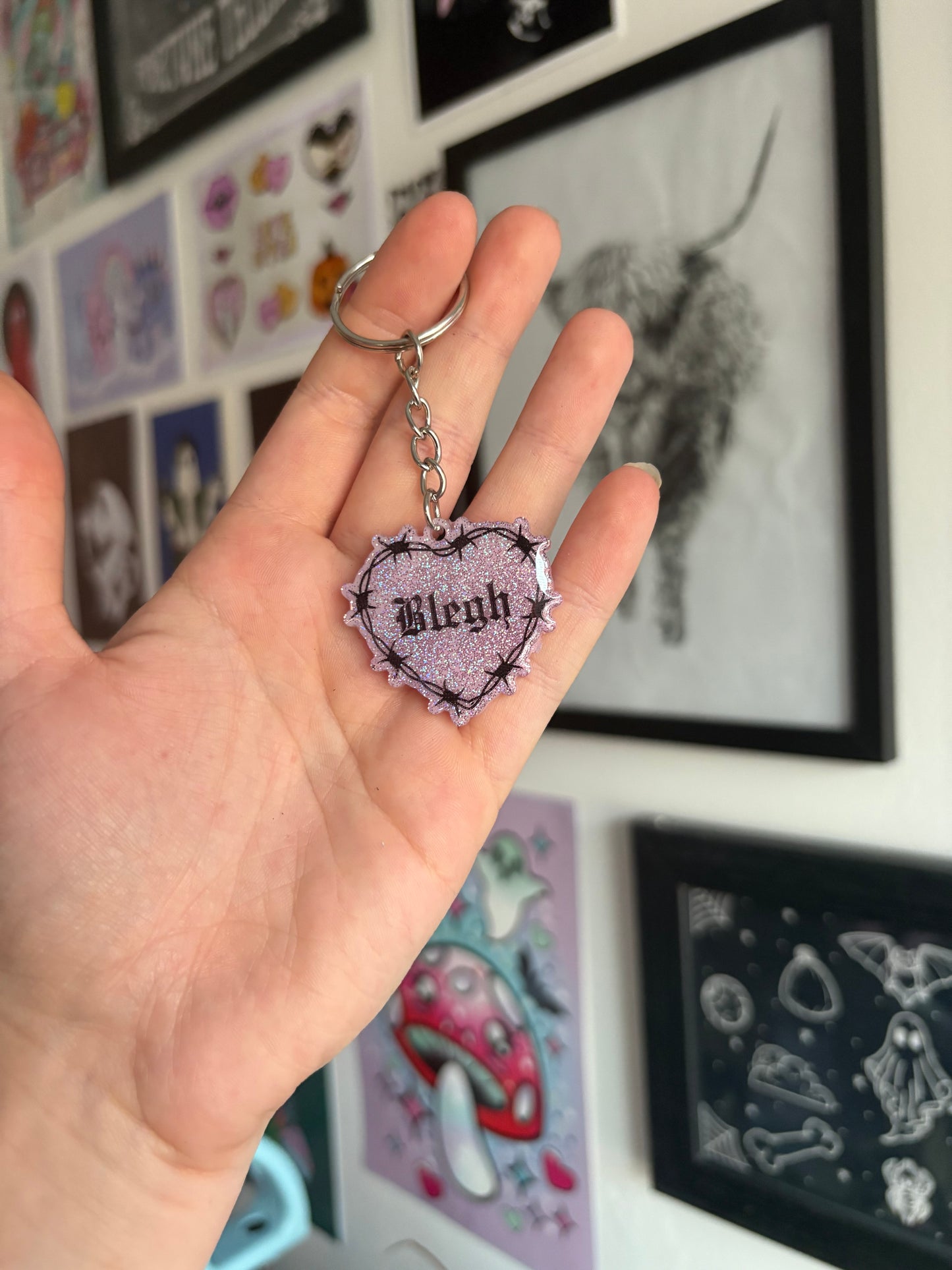 Pink Holographic Blegh Barbed Heart Keyring