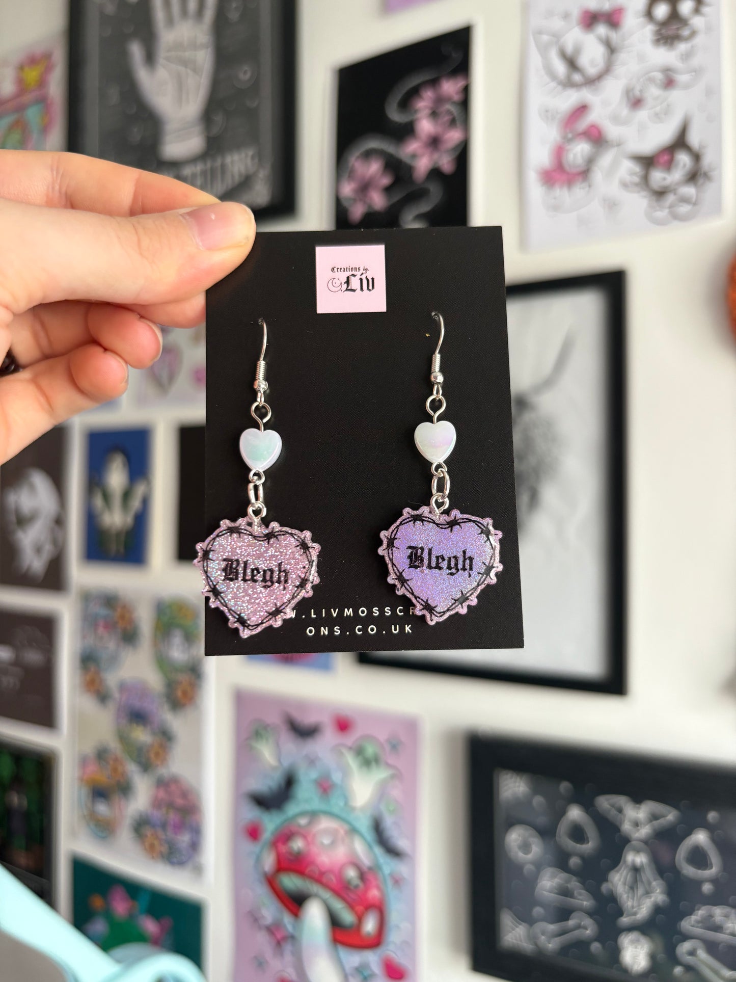 Pink Holographic Small Blegh Barbed Heart Earrings