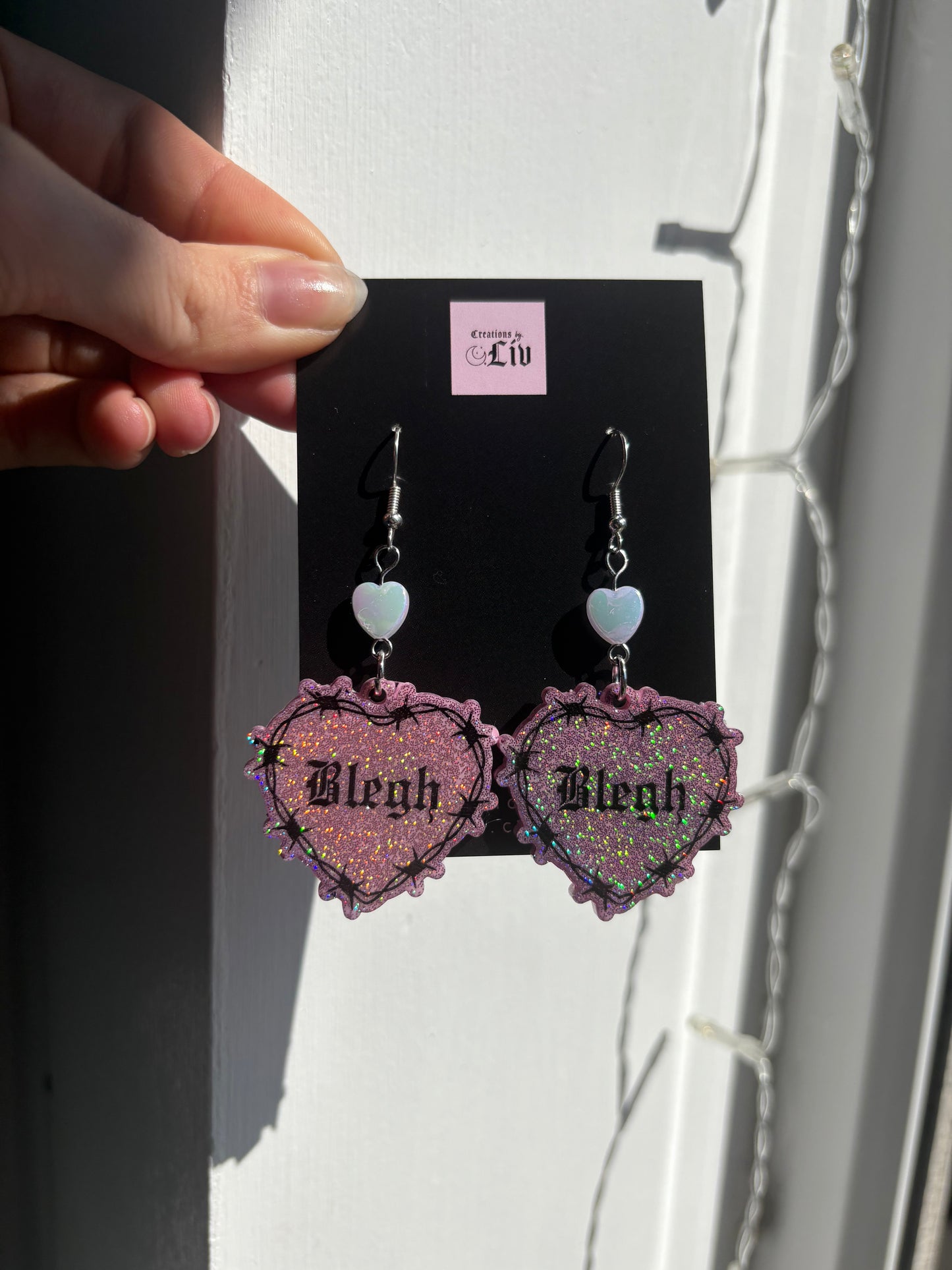 Pink Holographic Blegh Barbed Heart Earrings