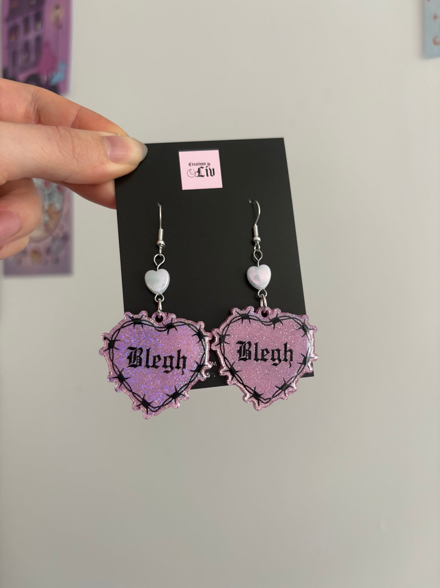 Pink Holographic Blegh Barbed Heart Earrings