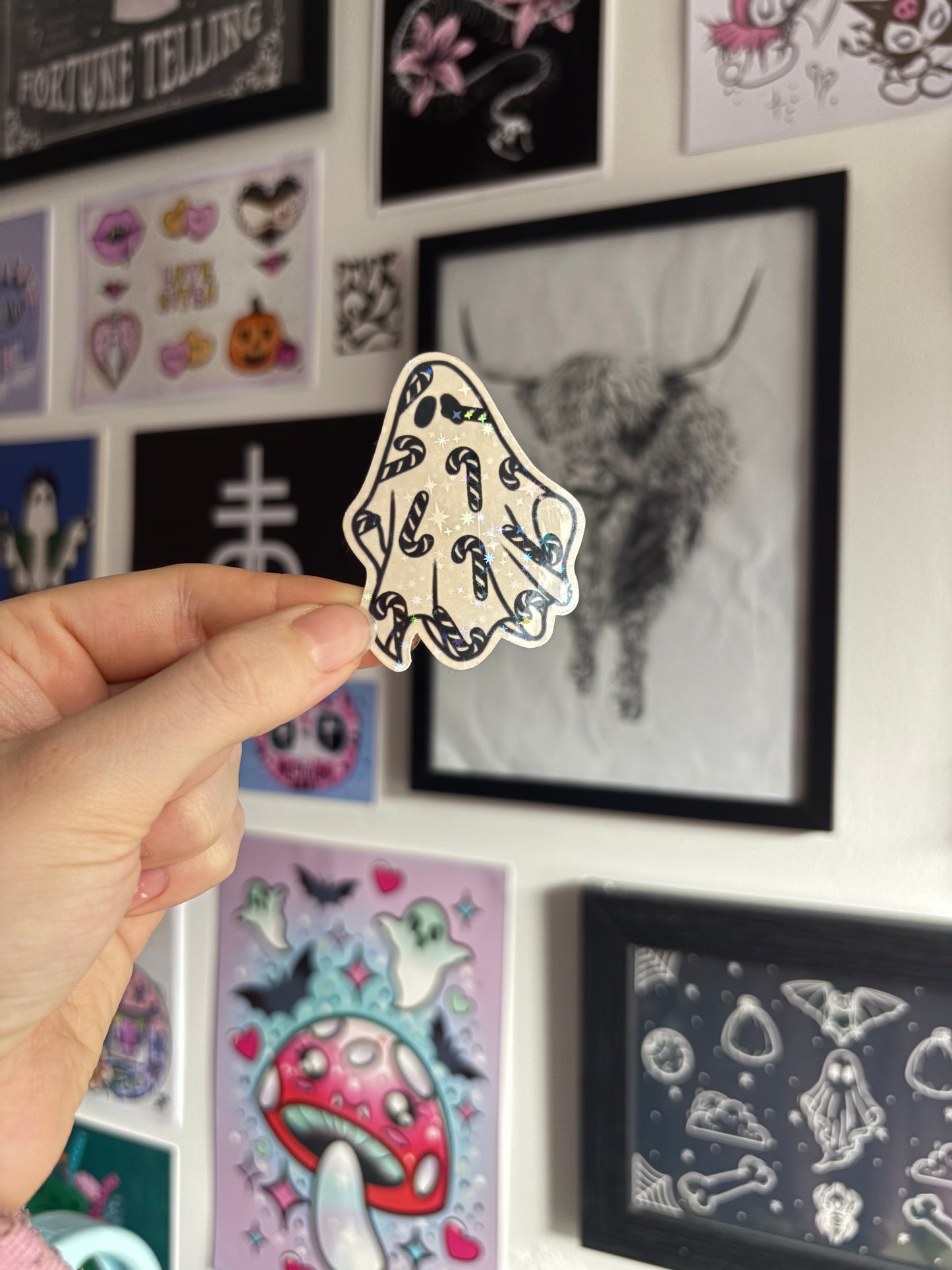 Black & White Candy Cane Ghost Holographic Sticker