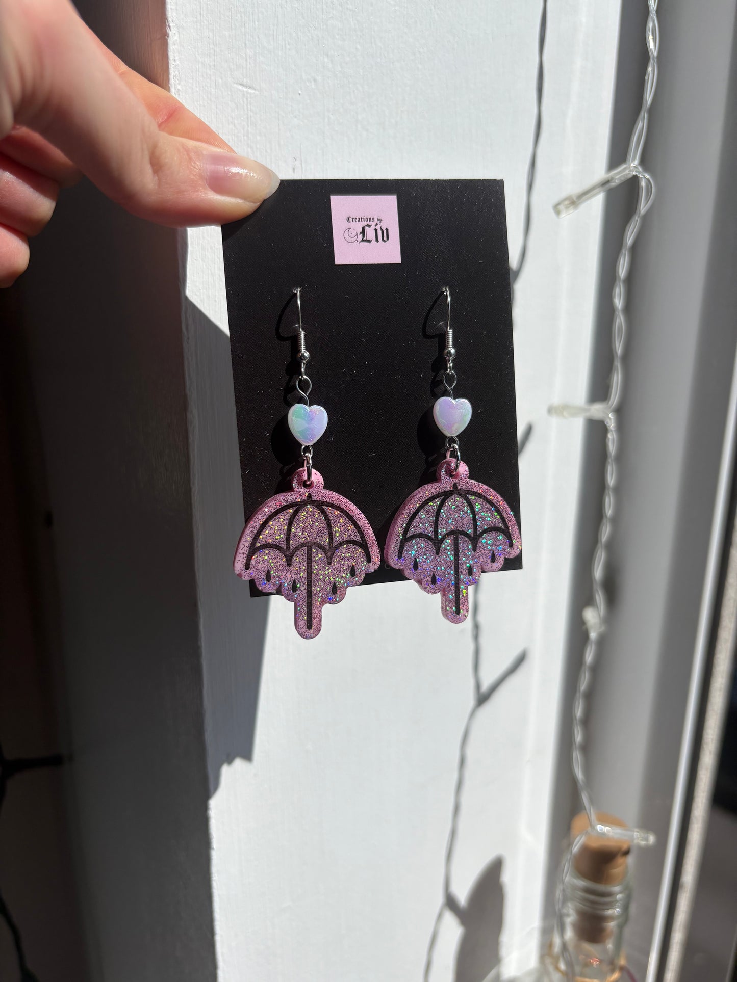 Pink Holographic Rainy Umbrella Earrings