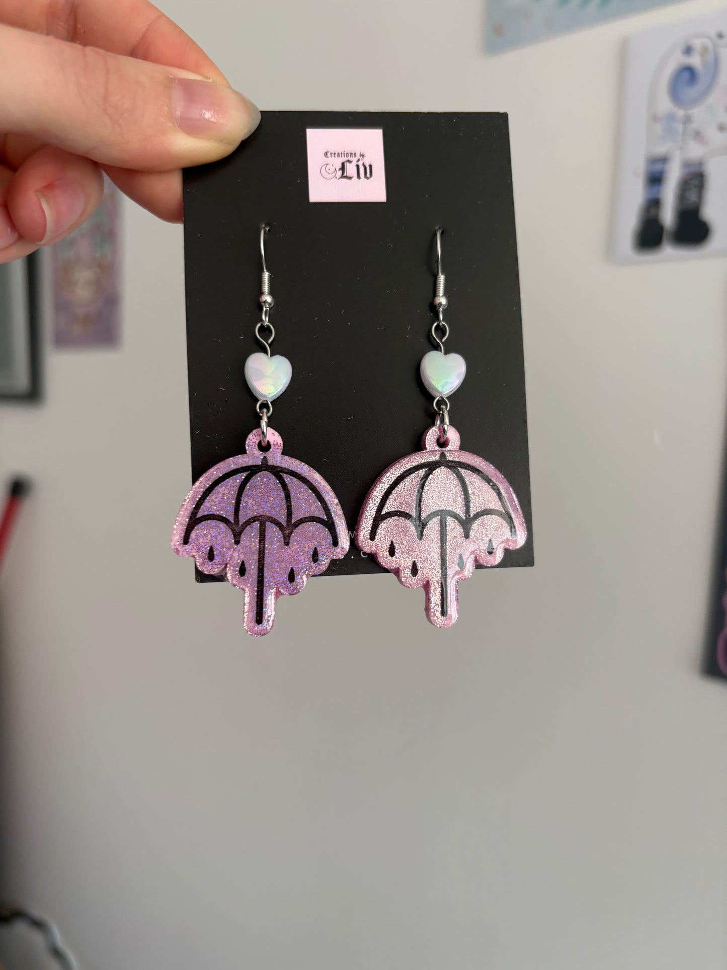 Pink Holographic Rainy Umbrella Earrings