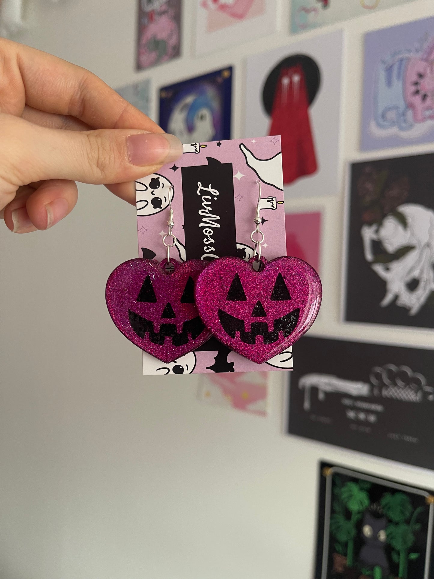 Hot Pink Glitter Pumpkin Hearts Earrings