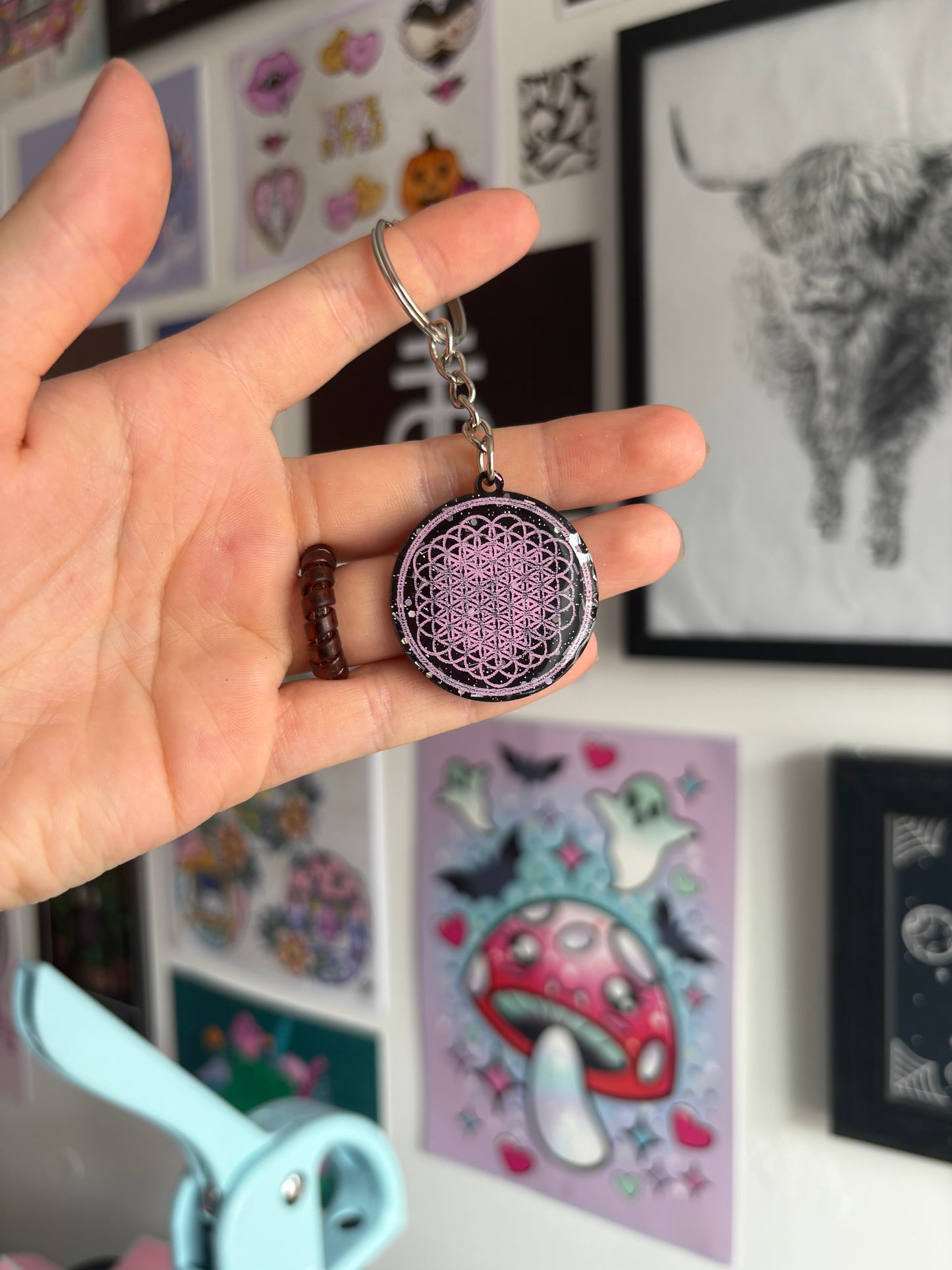 Black & Pink Flower of Life Keyring