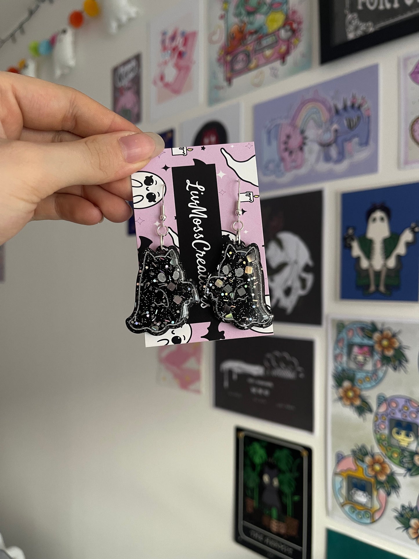 Black Glitter Arms Out Cat Ghost Earrings