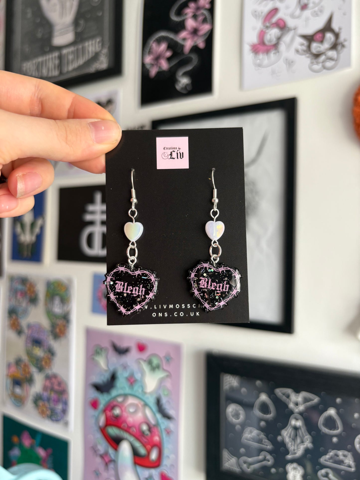 Black & Pink Small Blegh Barbed Heart Earrings