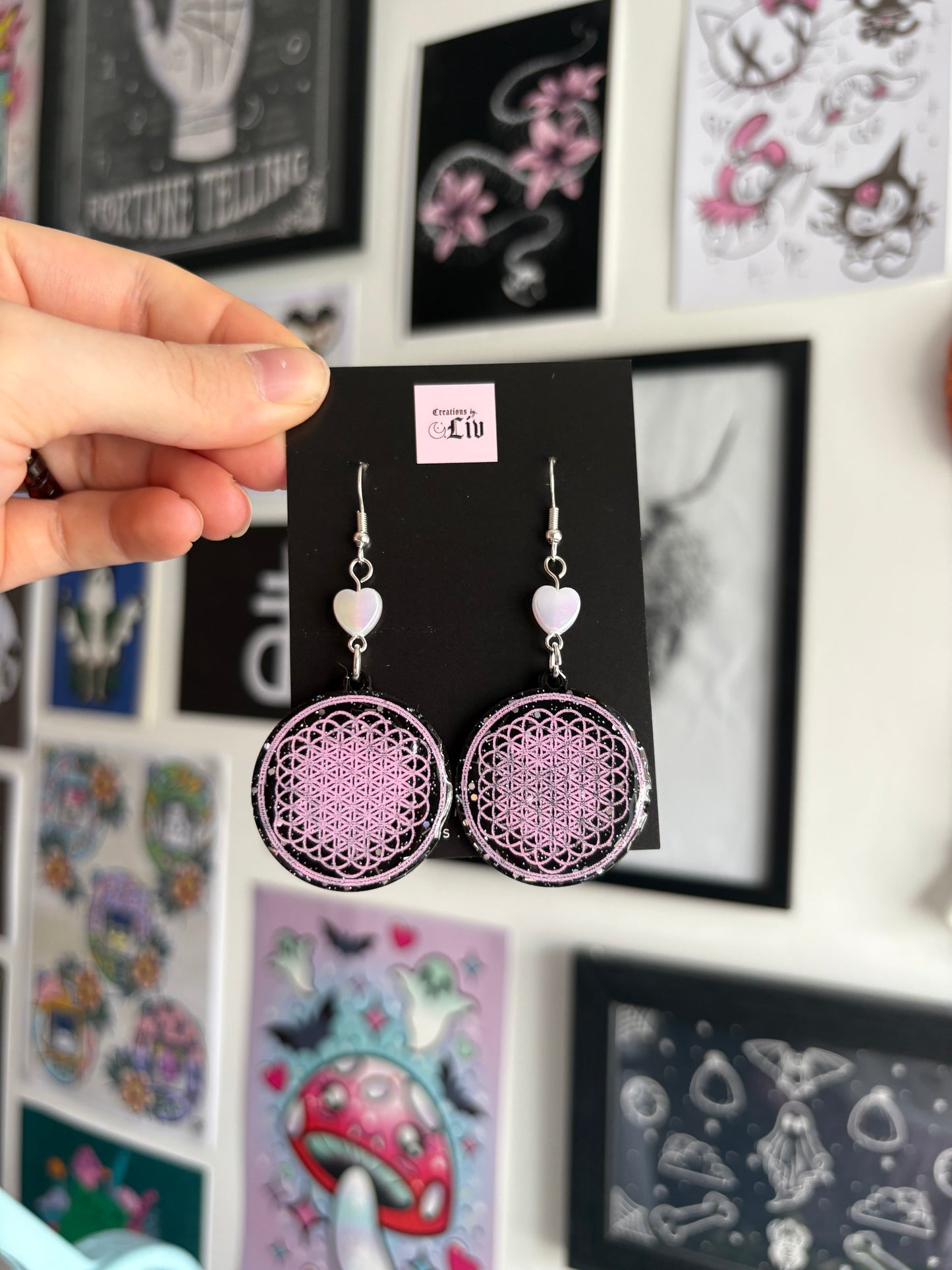 Black & Pink Flower of Life Earrings