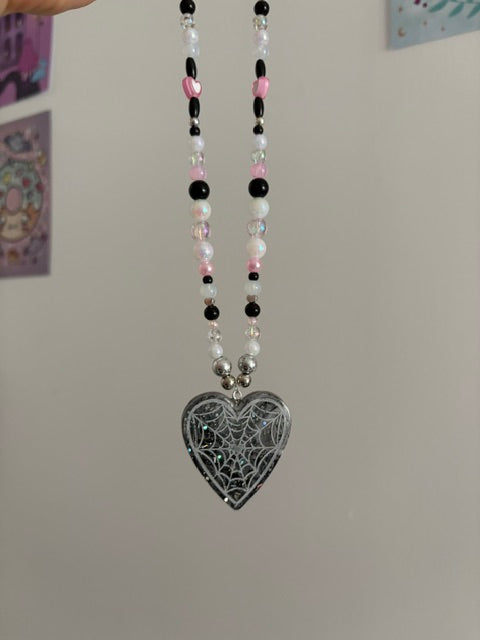 Black + Pink Web Heart Necklace