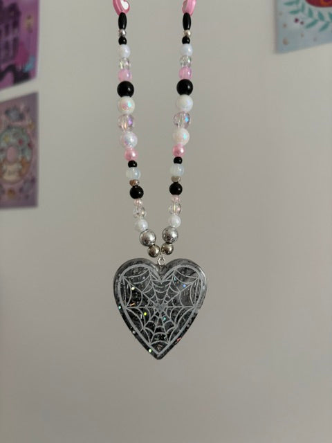 Black + Pink Web Heart Necklace
