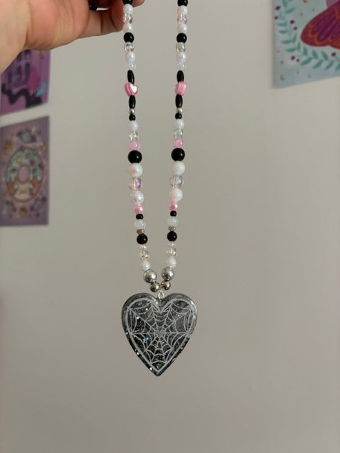 Black + Pink Web Heart Necklace