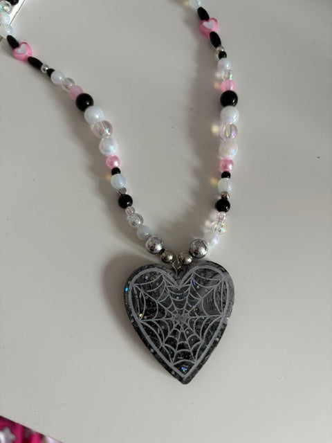 Black + Pink Web Heart Necklace