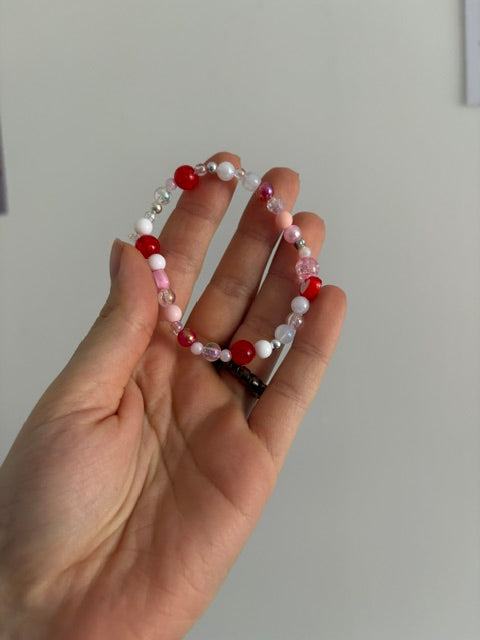 Red, White & Pink Hearts Beaded Bracelet