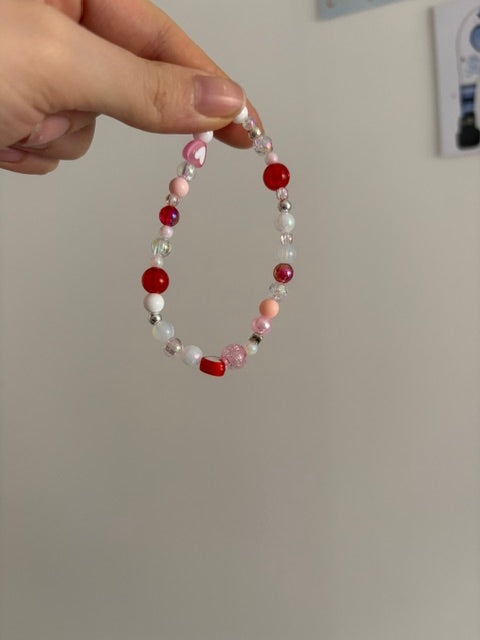 Red, White & Pink Hearts Beaded Bracelet