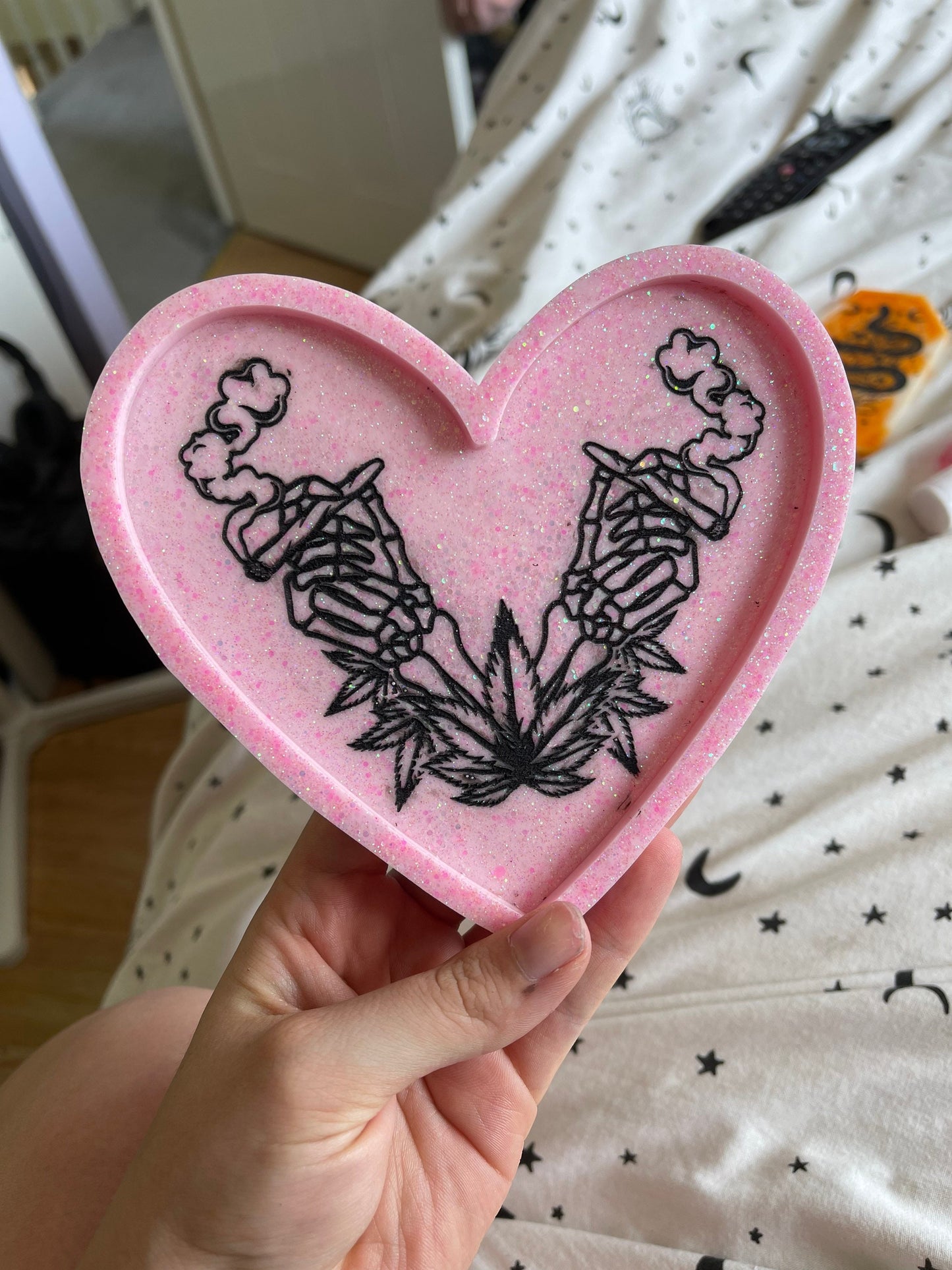 Pink Glitter Skeleton Hands Heart Tray