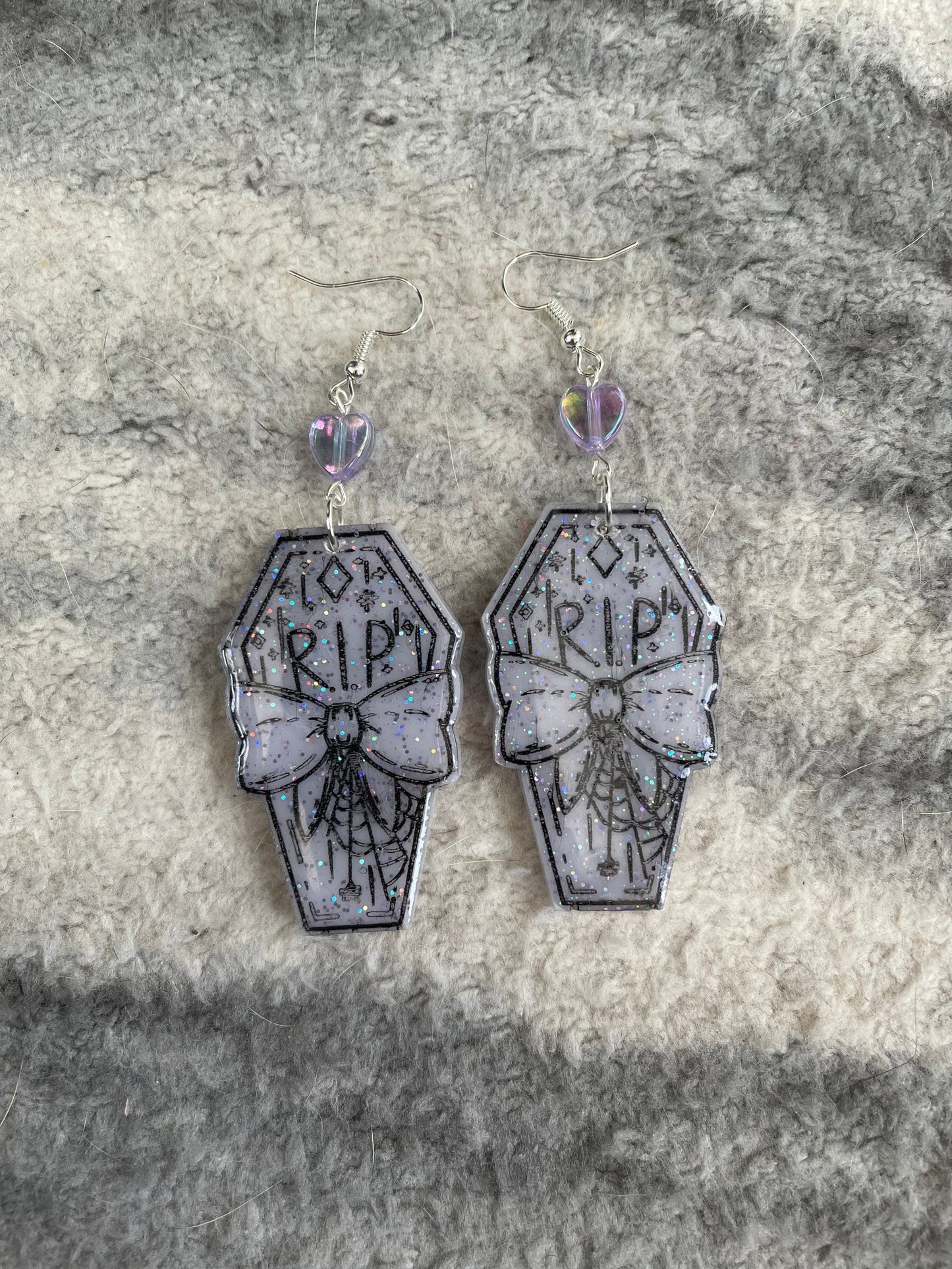 Lilac Glitter RIP Bow Coffin Earrings