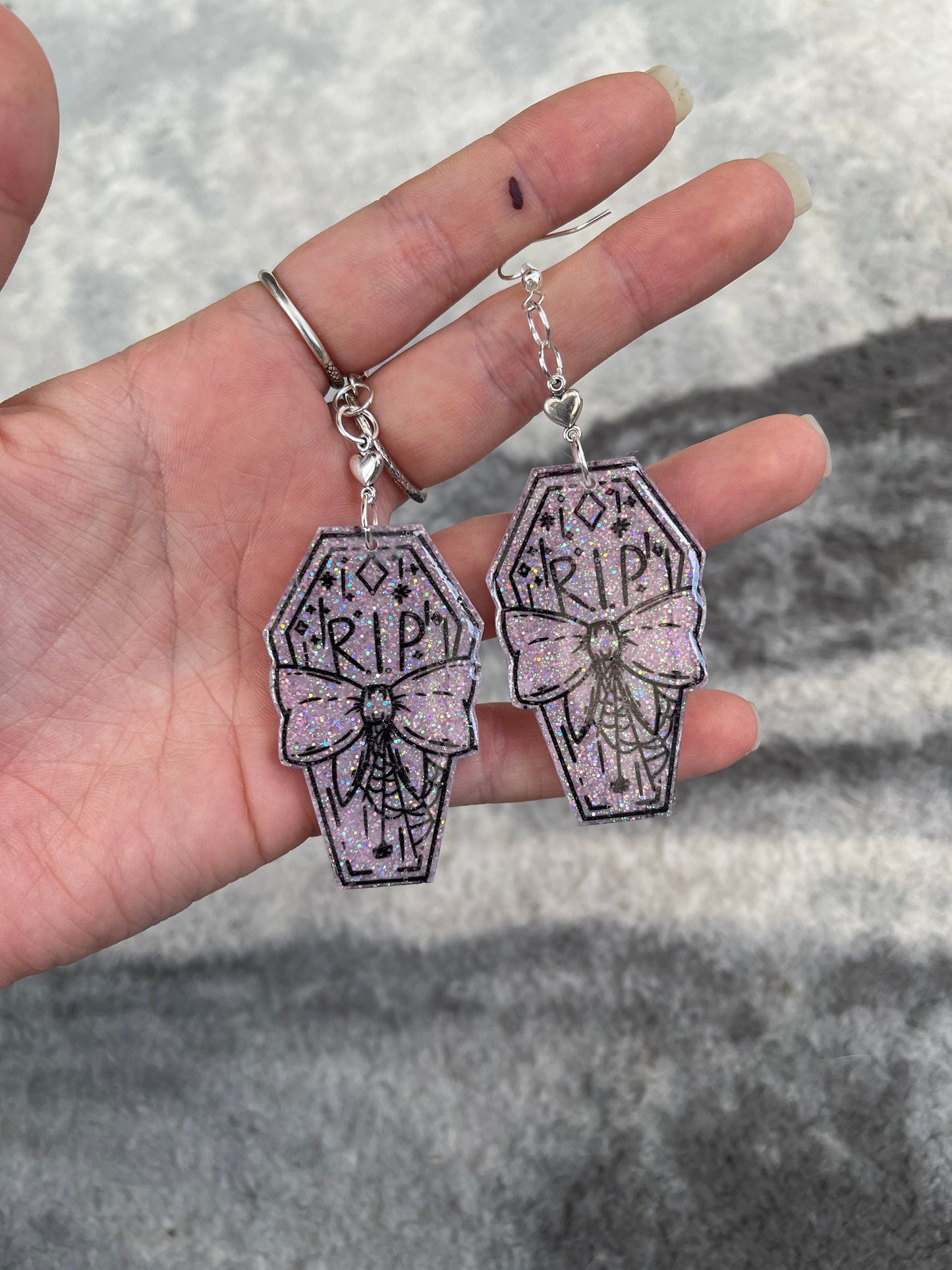 Pink Glitter RIP Bow Coffin Earrings