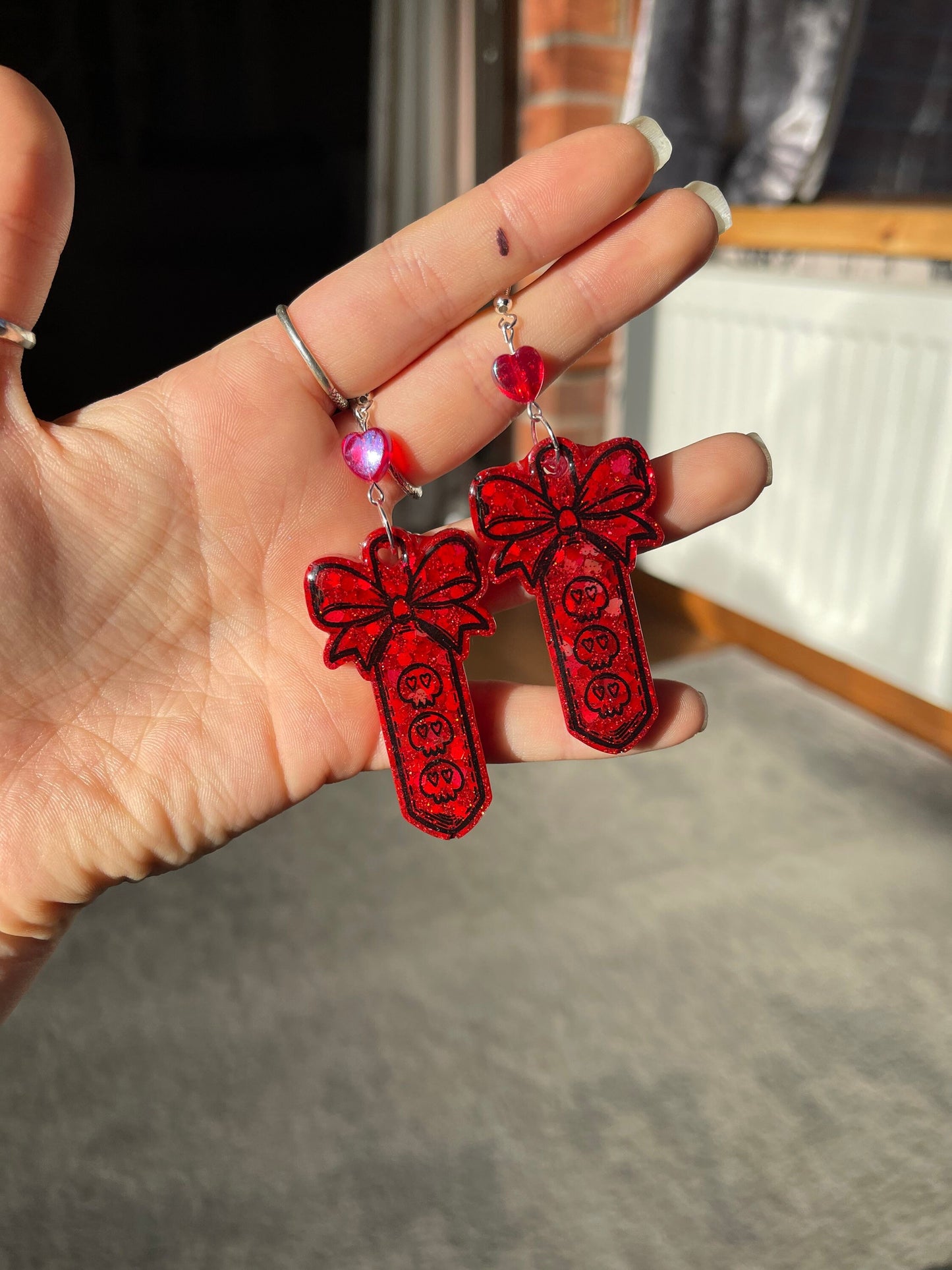 Red Glitter Skull Paddle Earrings