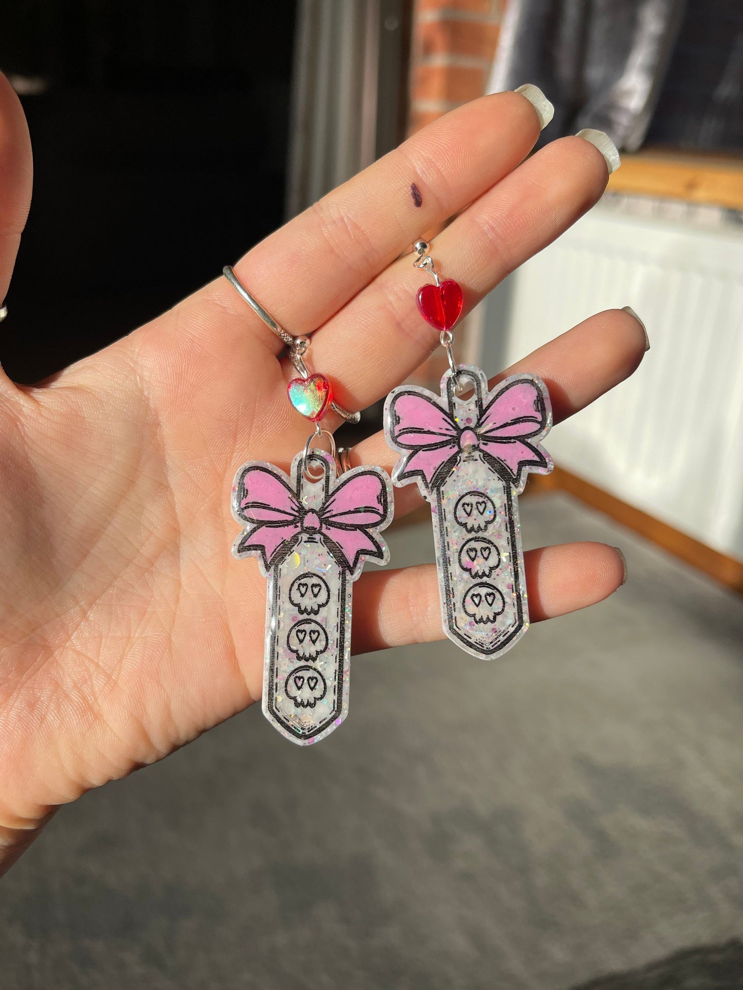 White Glitter Pastel Goth Skull Paddle Earrings