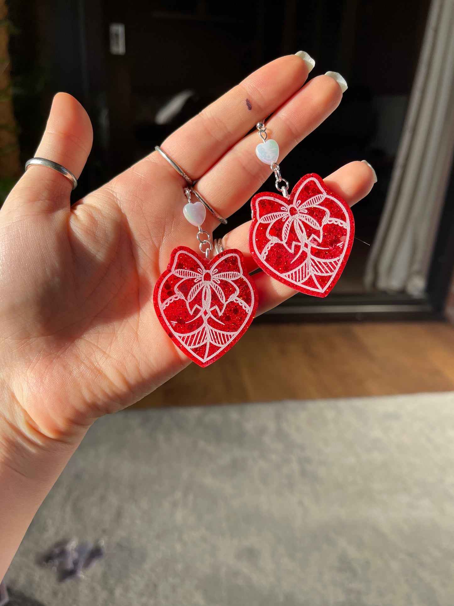 Red & White Glitter Bow Booty Earrings