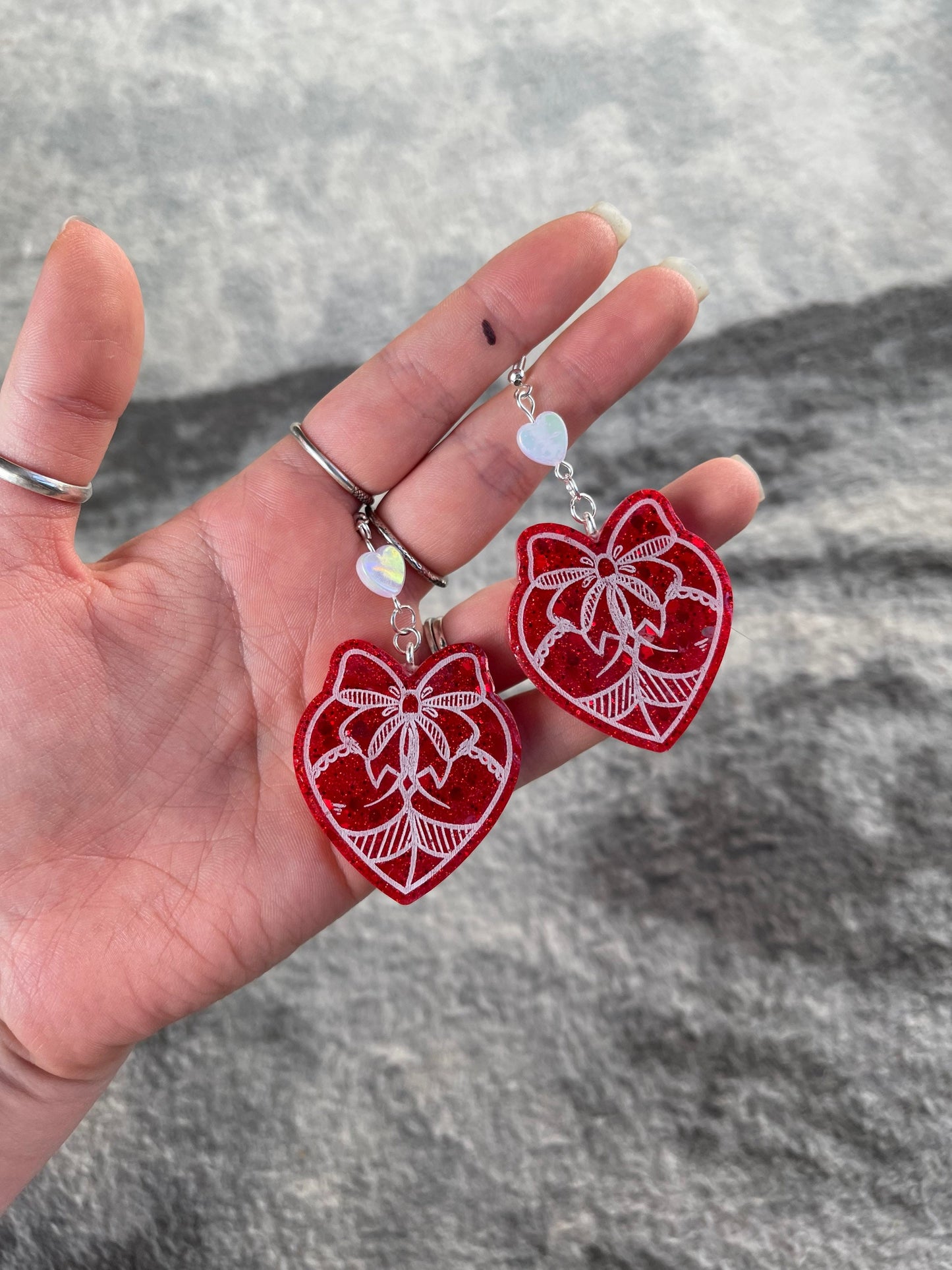 Red & White Glitter Bow Booty Earrings